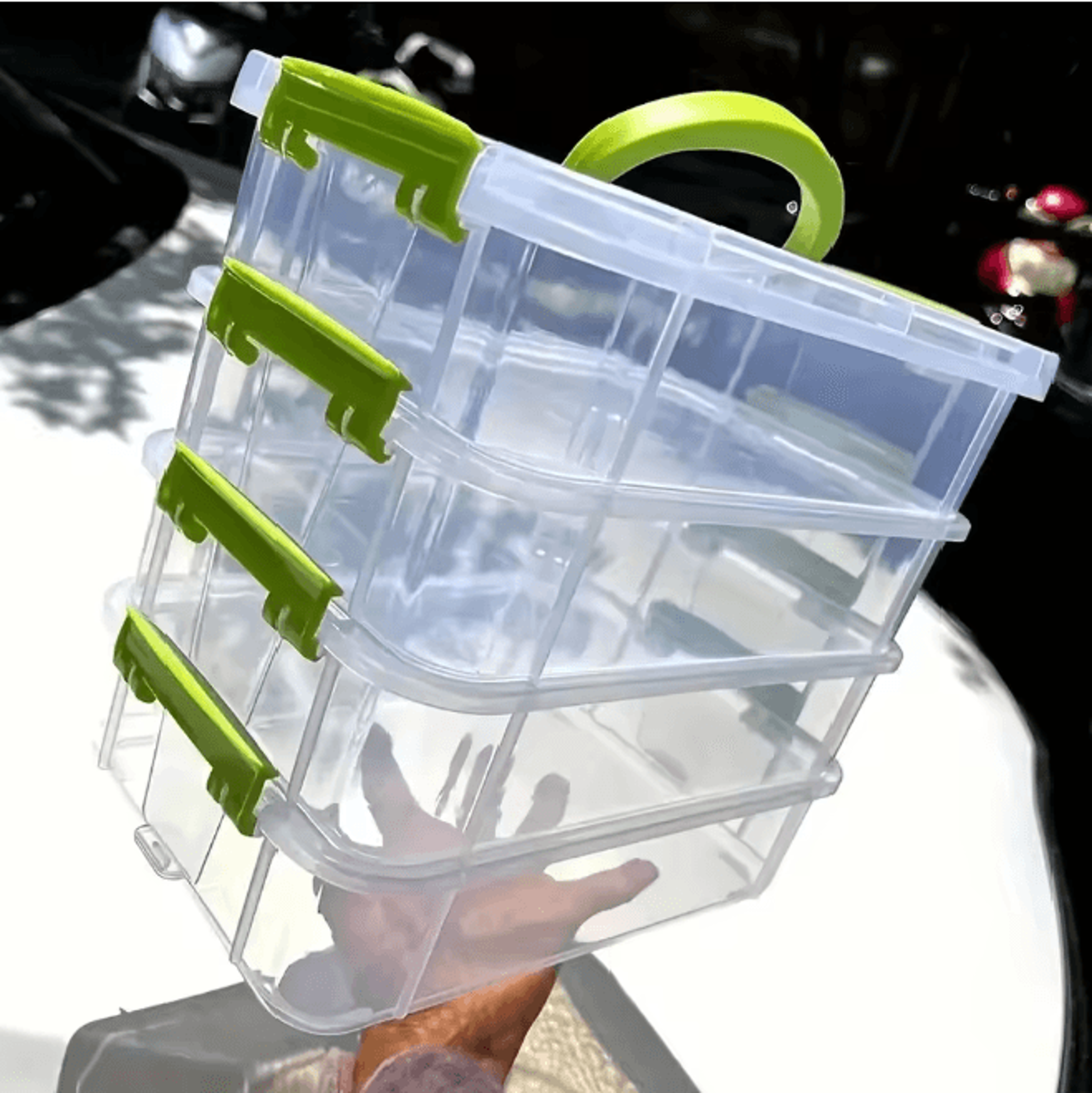 transparent stackable storage box with grid drawers for building blocks and tools