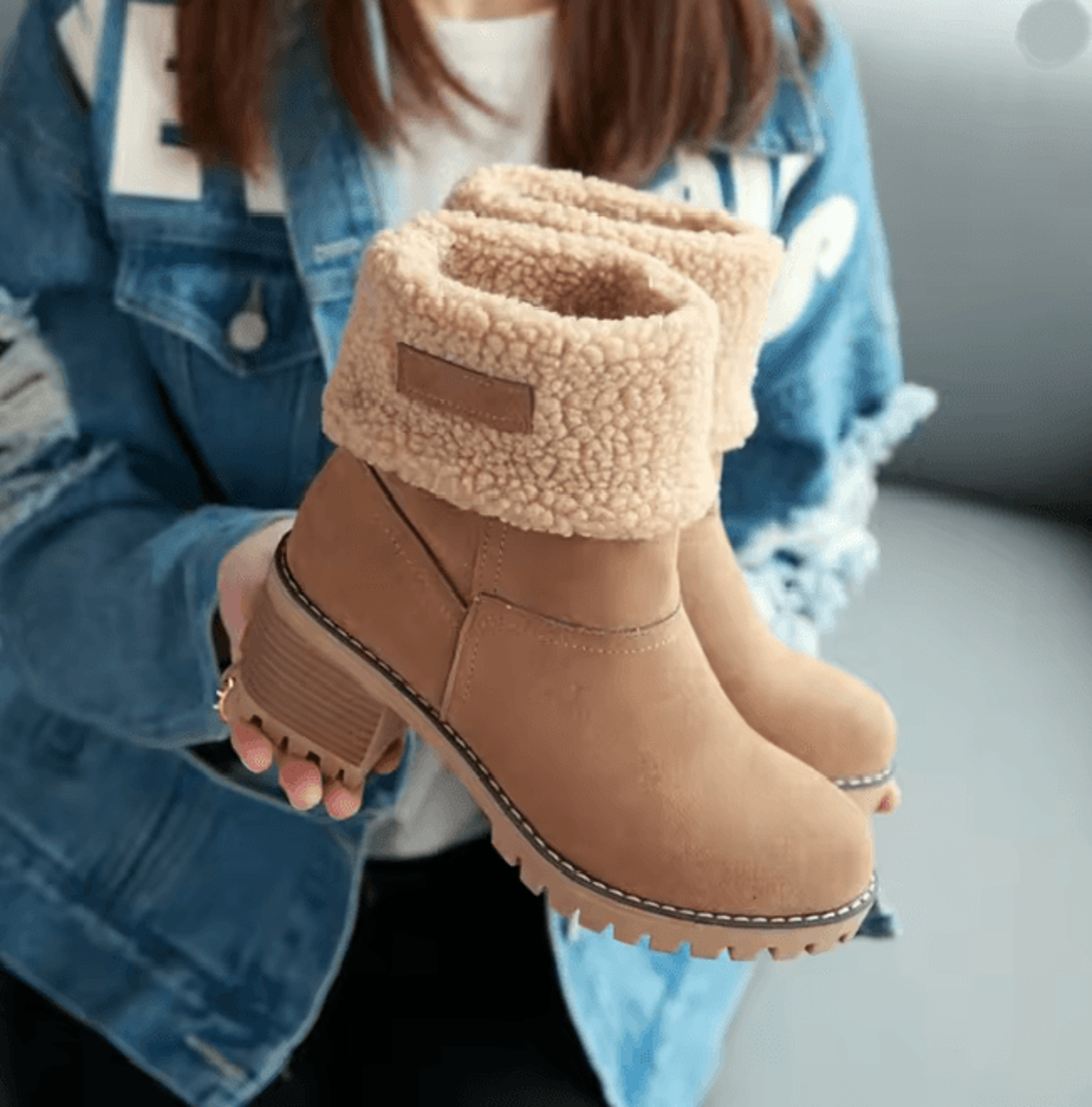 Womens Fur Lined Snow Boots with Square High Heel Winter Ankle Boots