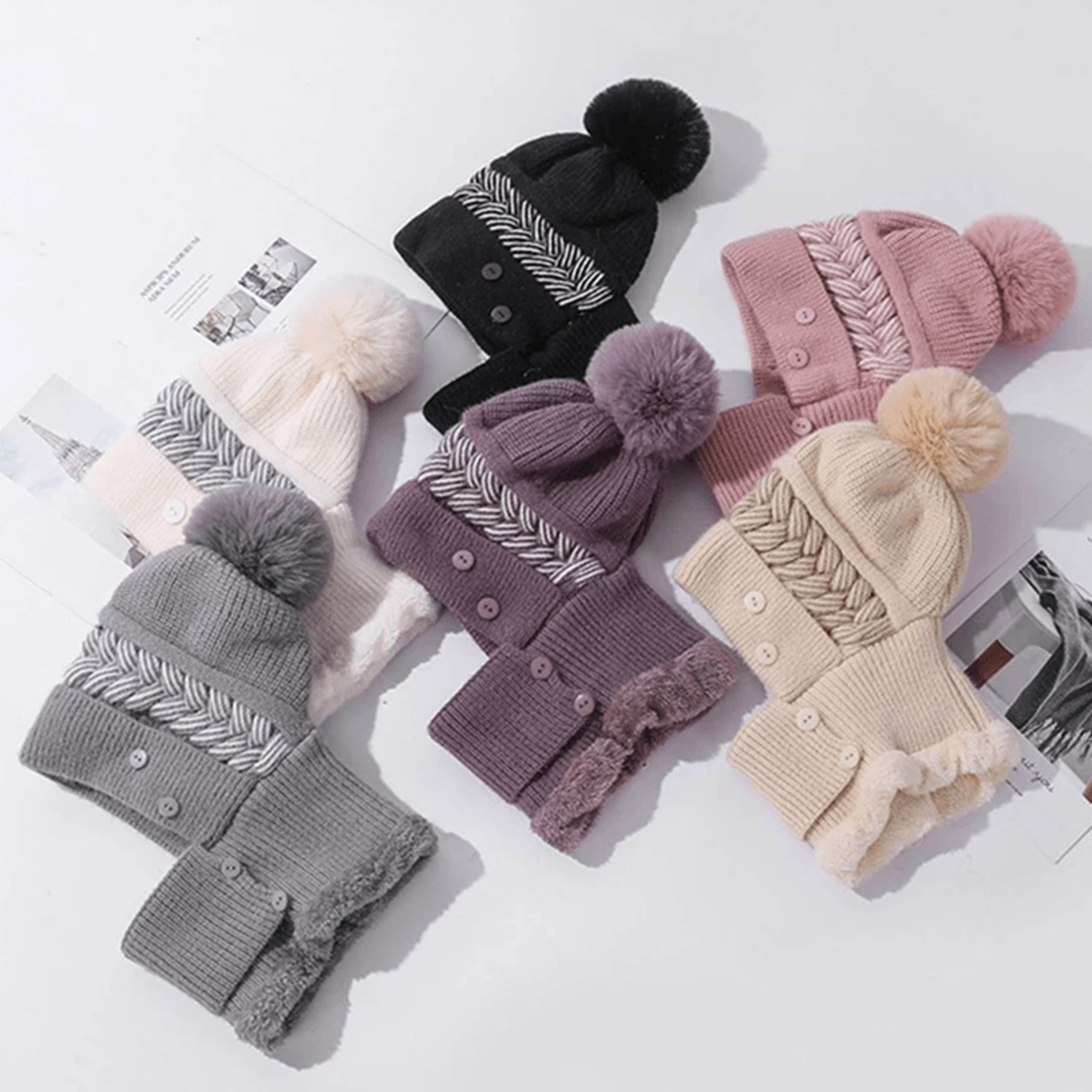 Womens Plush Fur Lined Winter Hat with Pompoms and Windproof Balaclava Design