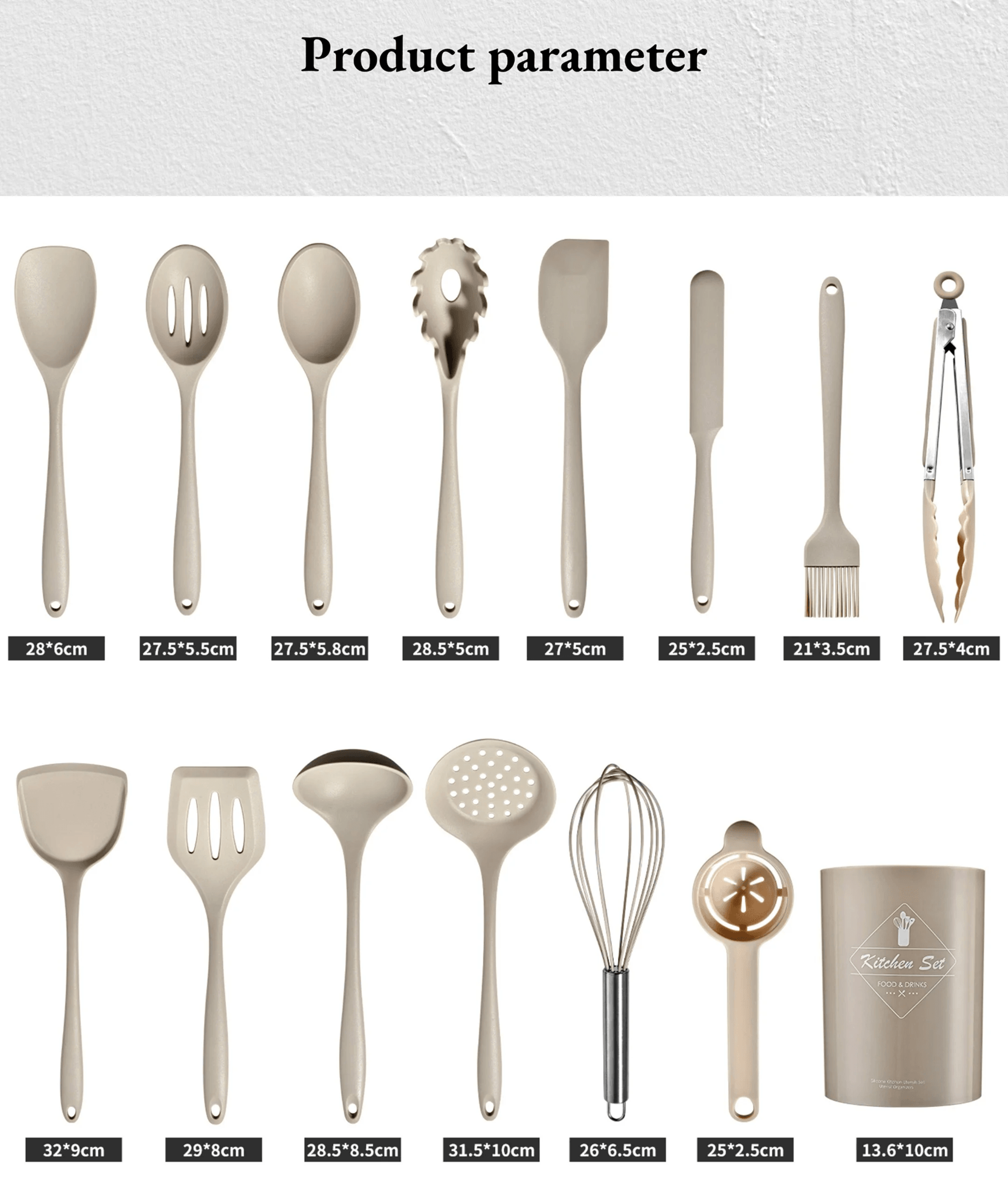 15 piece khaki silicone kitchen utensils set non stick cooking tools