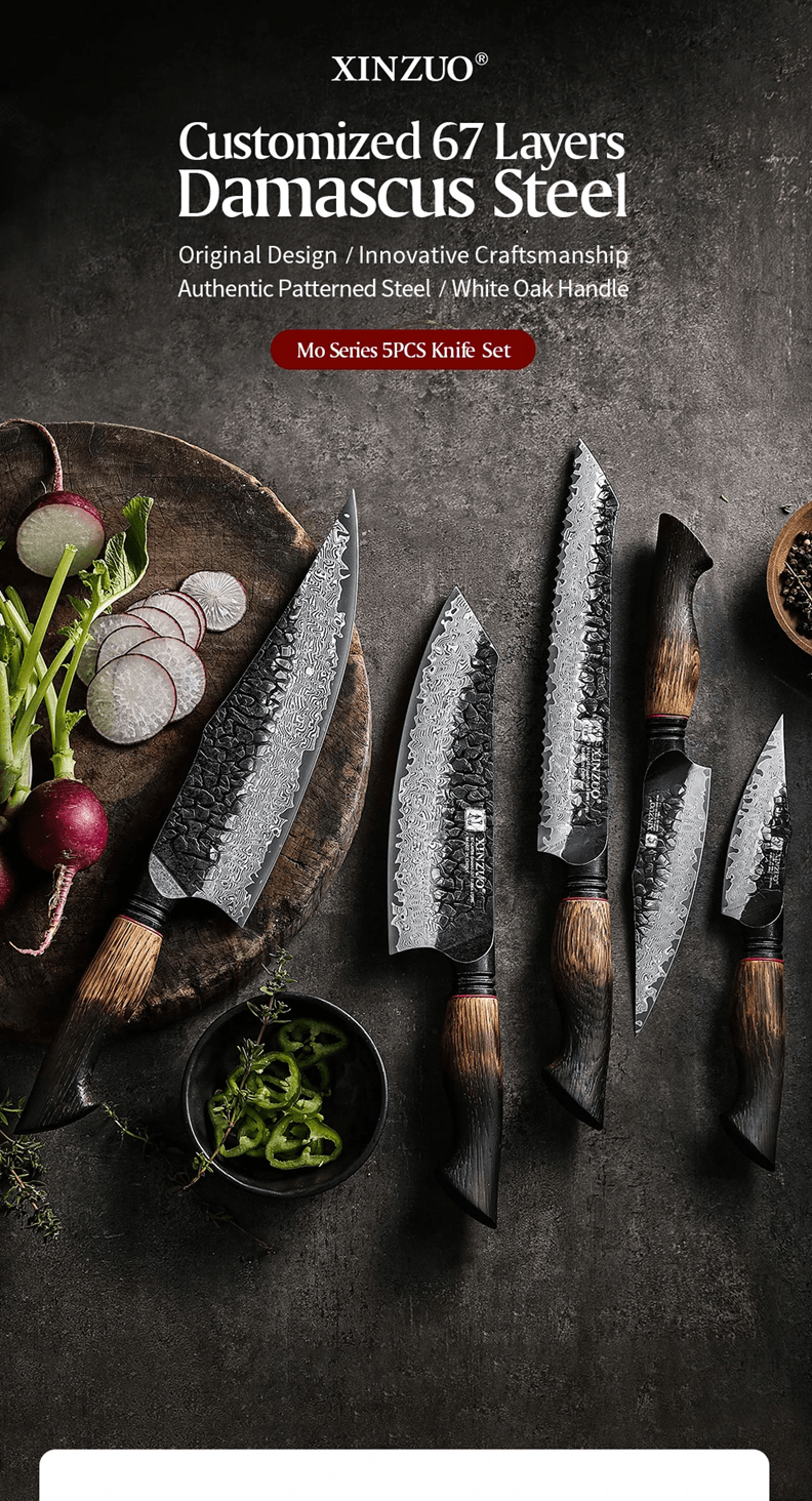 xinzuo 5 piece kitchen knife set with g10 oak handles chef santoku bread and paring knives