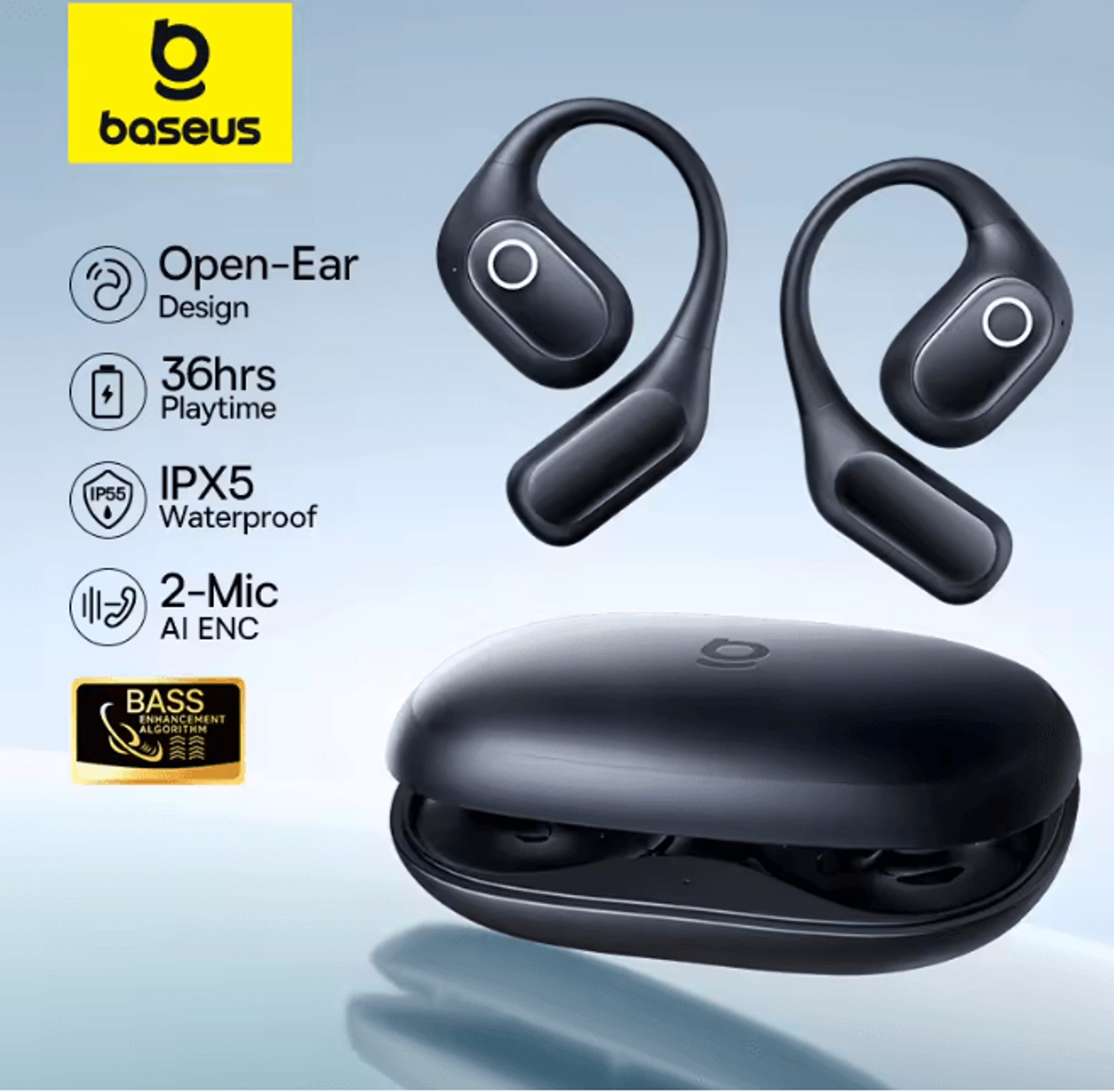 baseus eli 2i fit open ear wireless sports earbuds with ear hooks