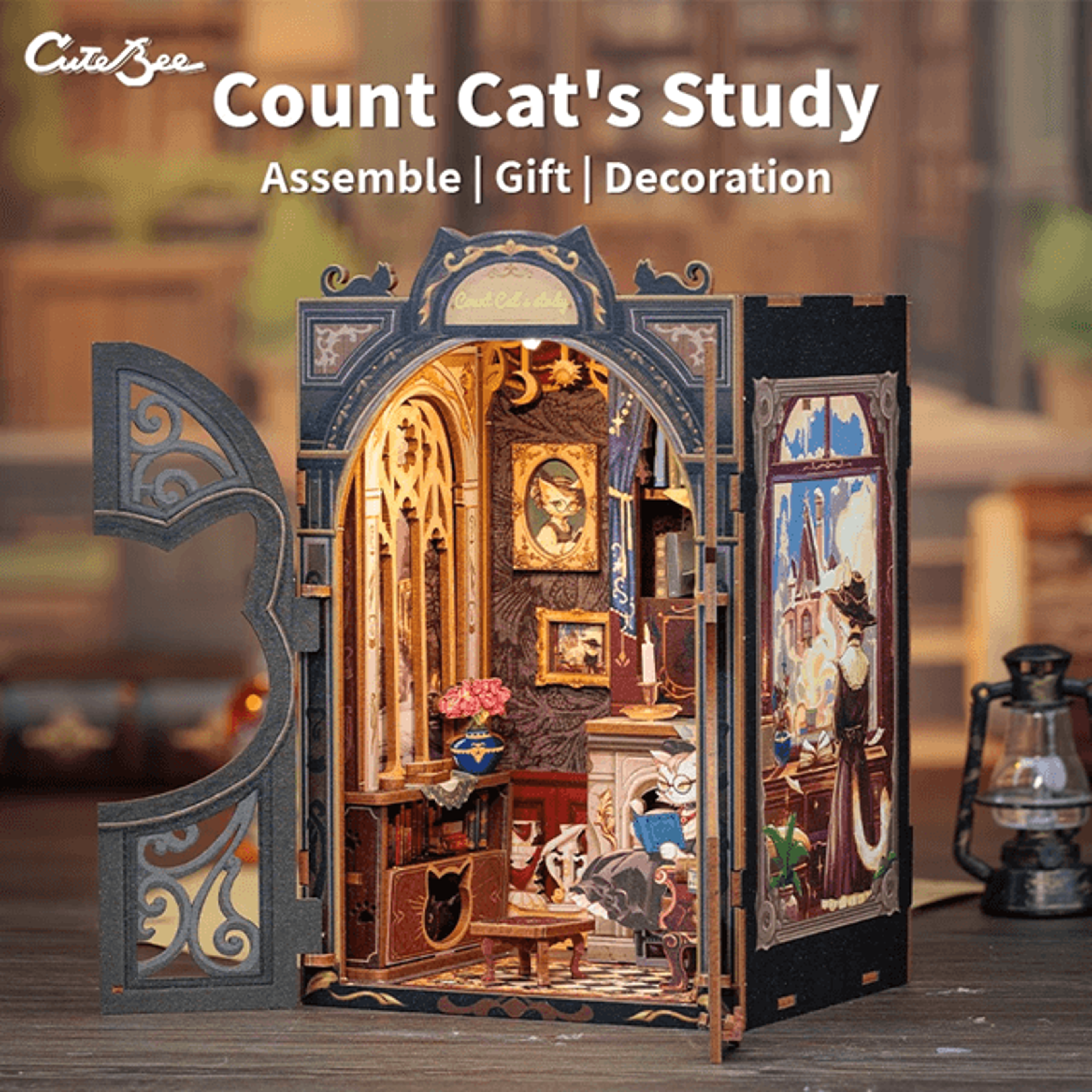 diy book nook kit cats study miniature wooden dollhouse with led lights bookshelf insert