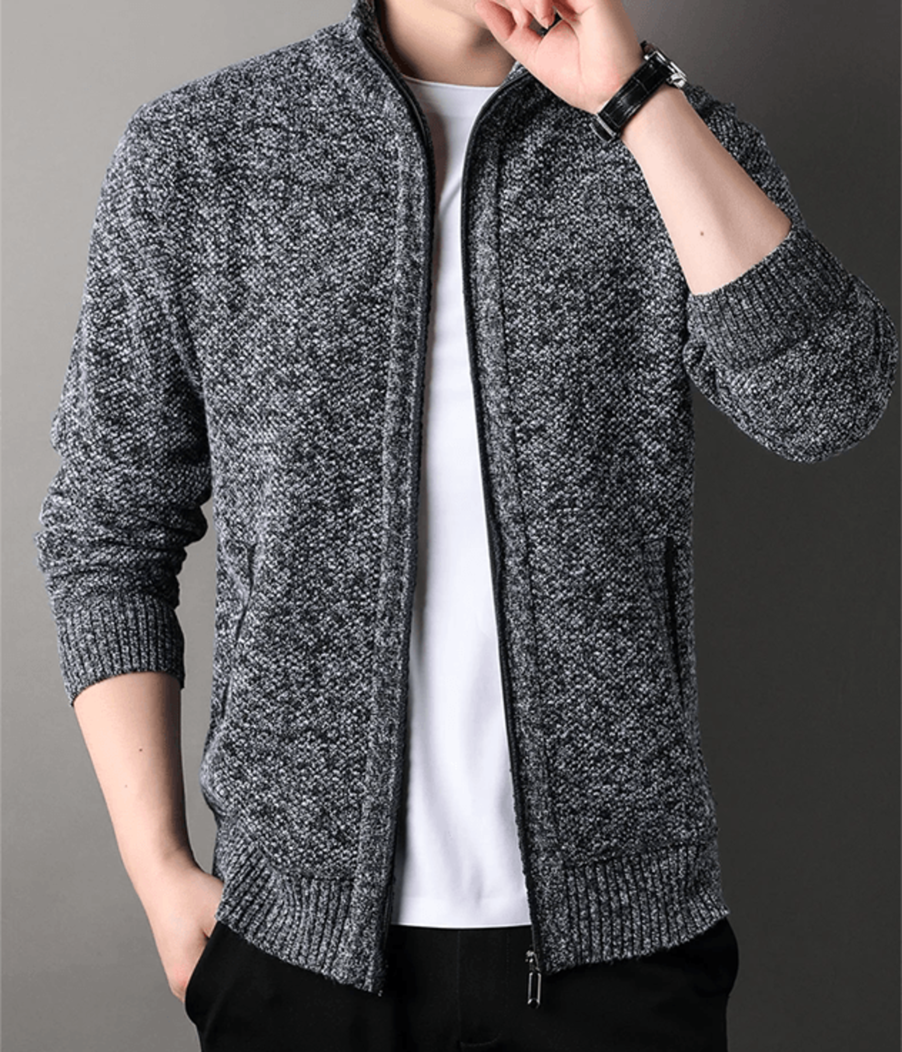 mens stand collar knit cardigan sweater jacket