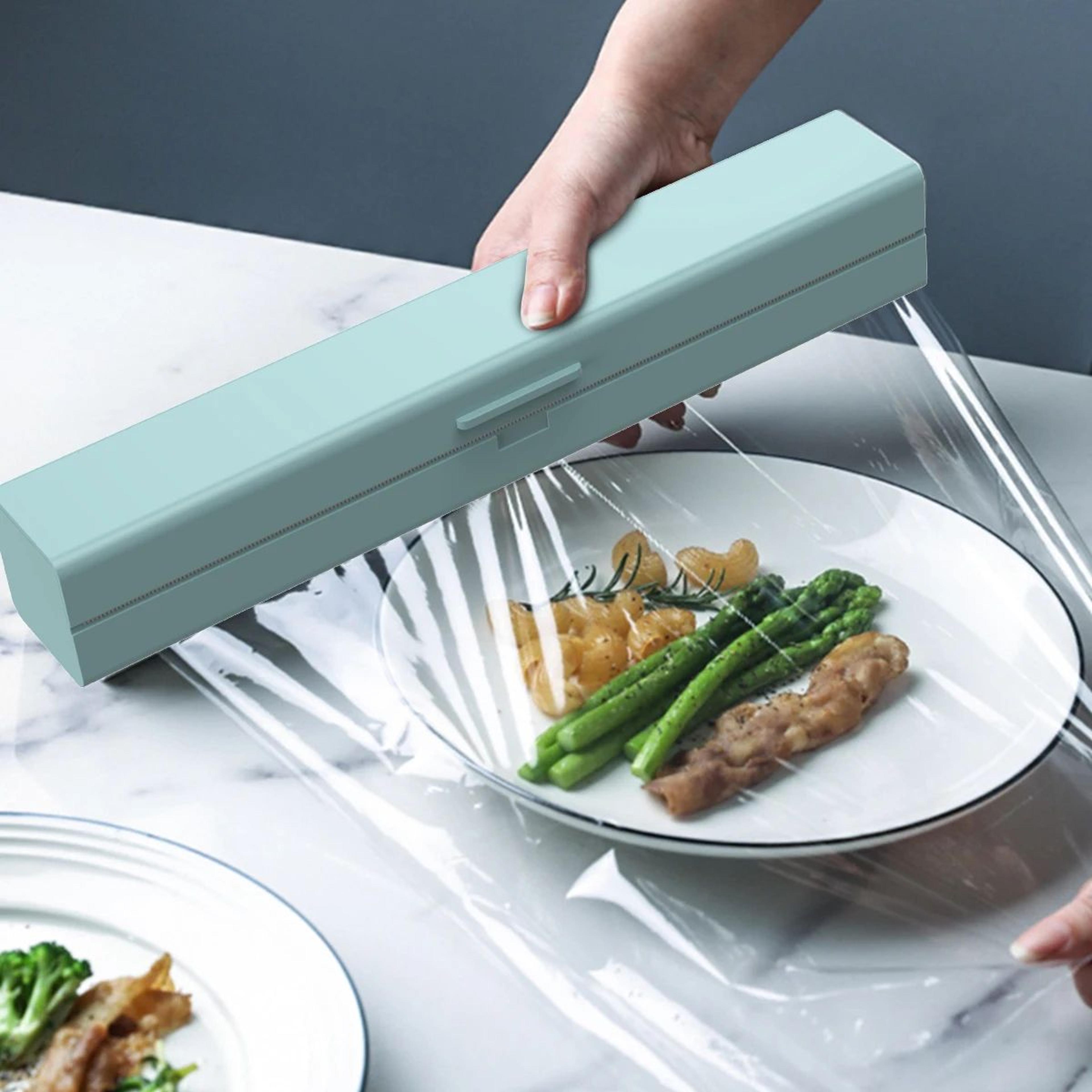 cling film cutter dispenser with magnetic wrap organizer for kitchen