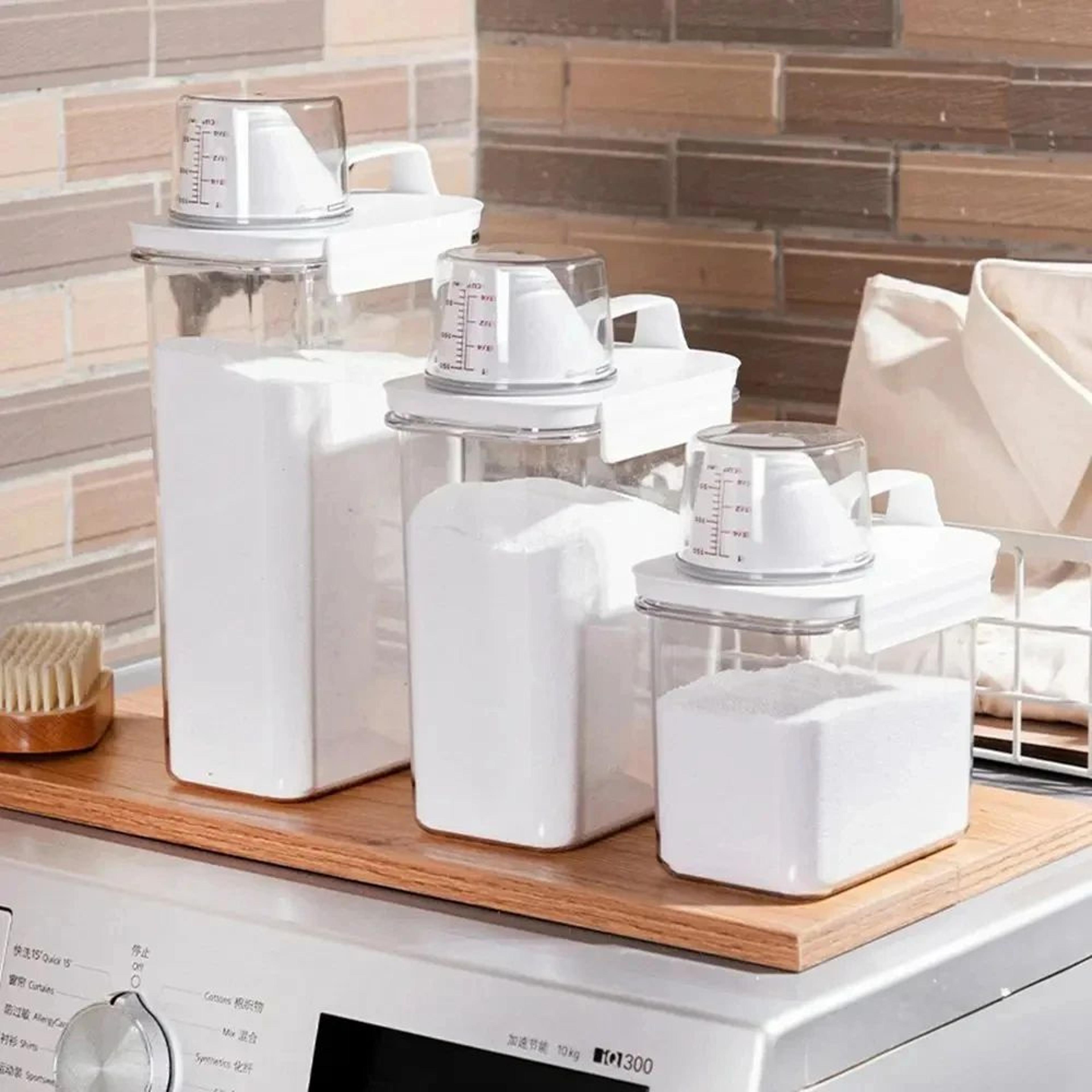 airtight laundry detergent storage container with measuring cup