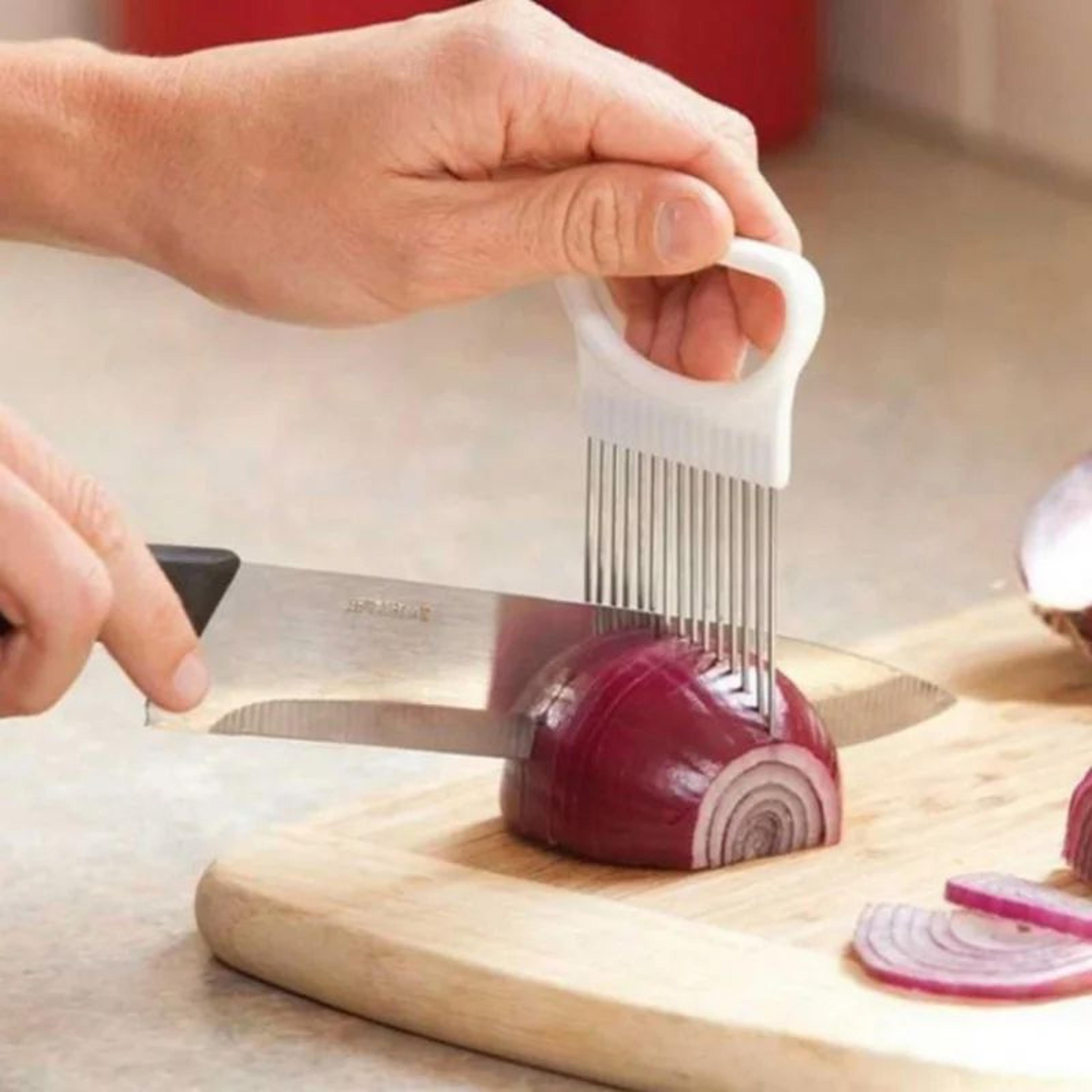 stainless steel onion holder slicer for even cuts and safe kitchen prep