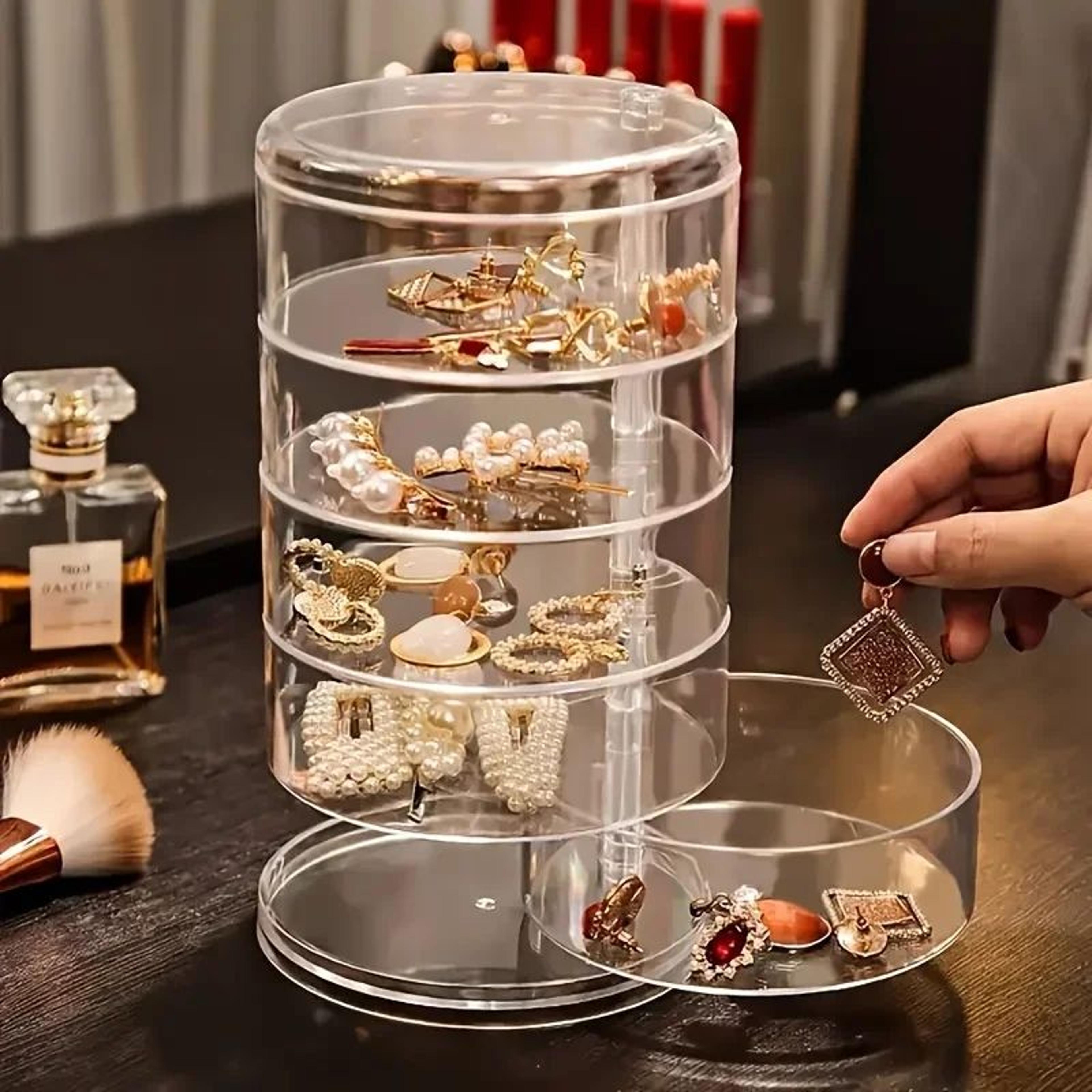 rotating jewelry organizer box clear cosmetic storage case dustproof makeup holder