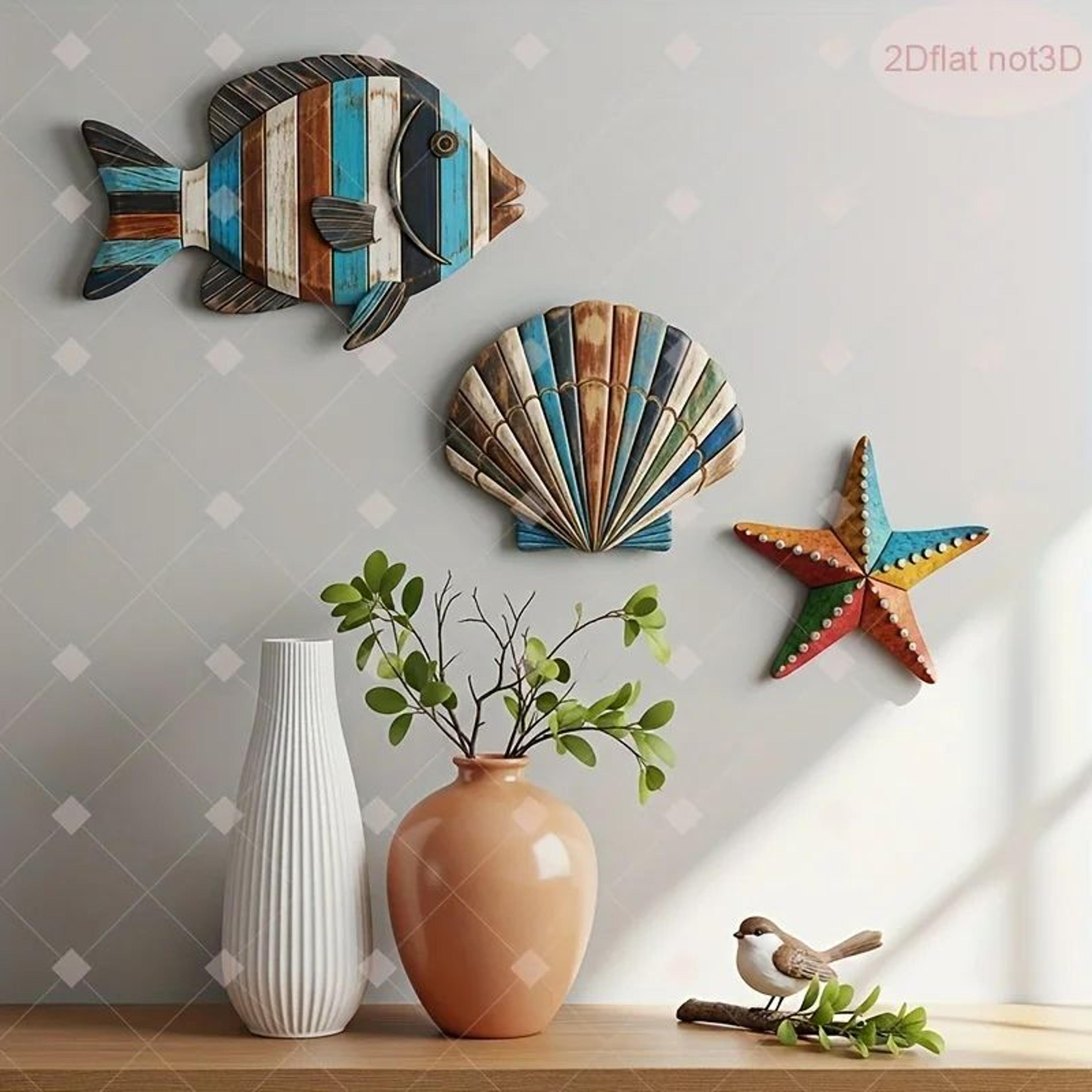 coastal wooden ocean decor set fish shell starfish beach theme home accents