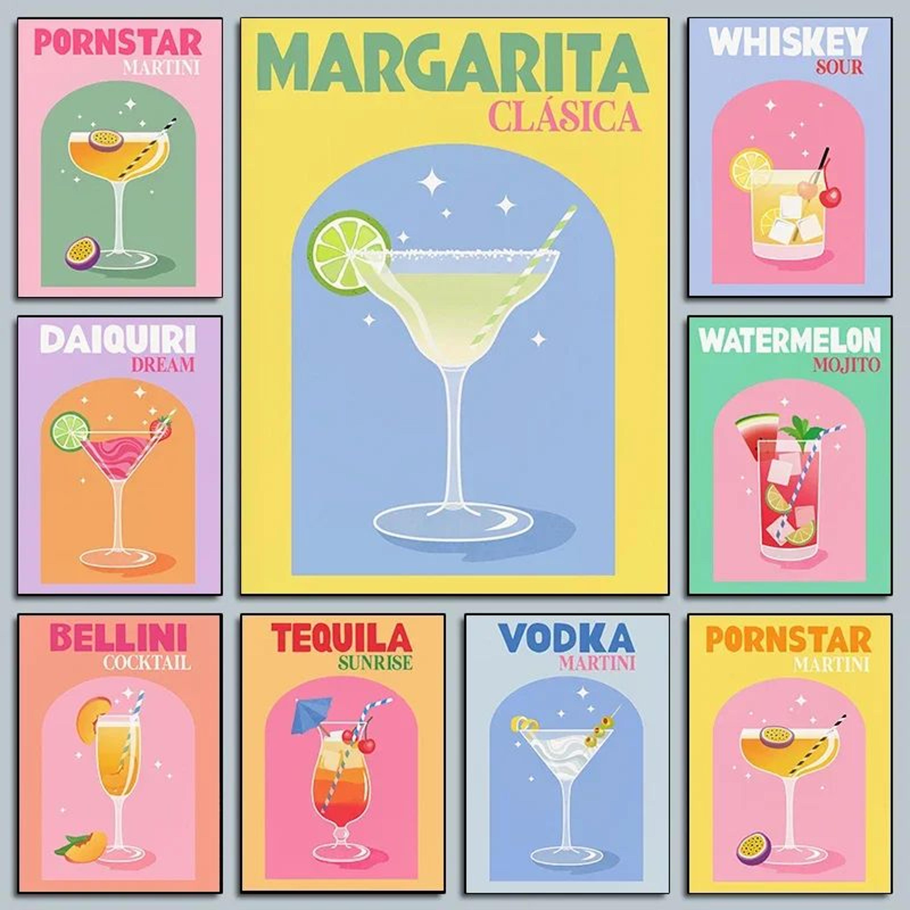colorful cocktail wall art prints modern bar decor canvas set