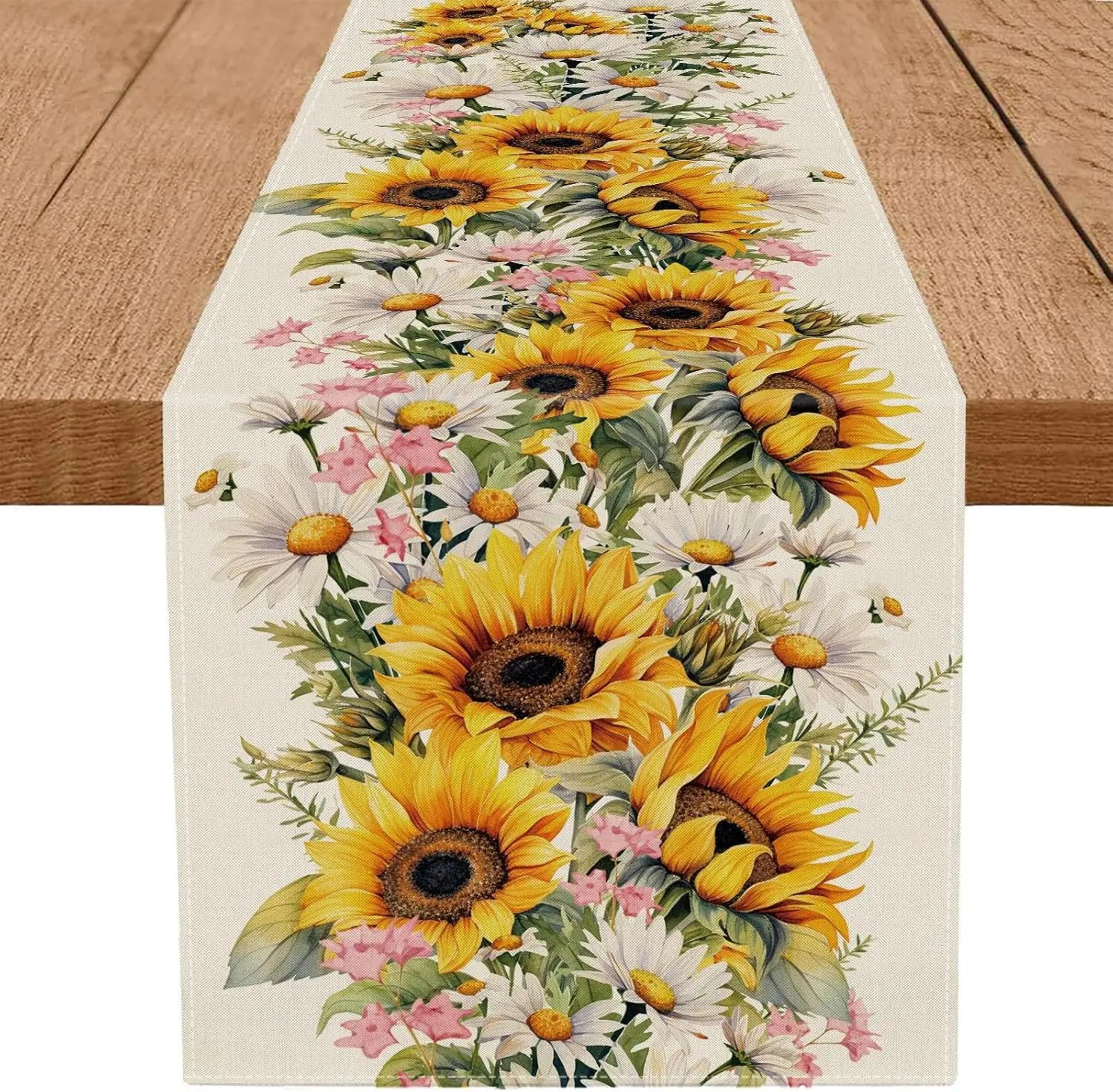 sunflower daisy table runner linen floral farmhouse dining table decor