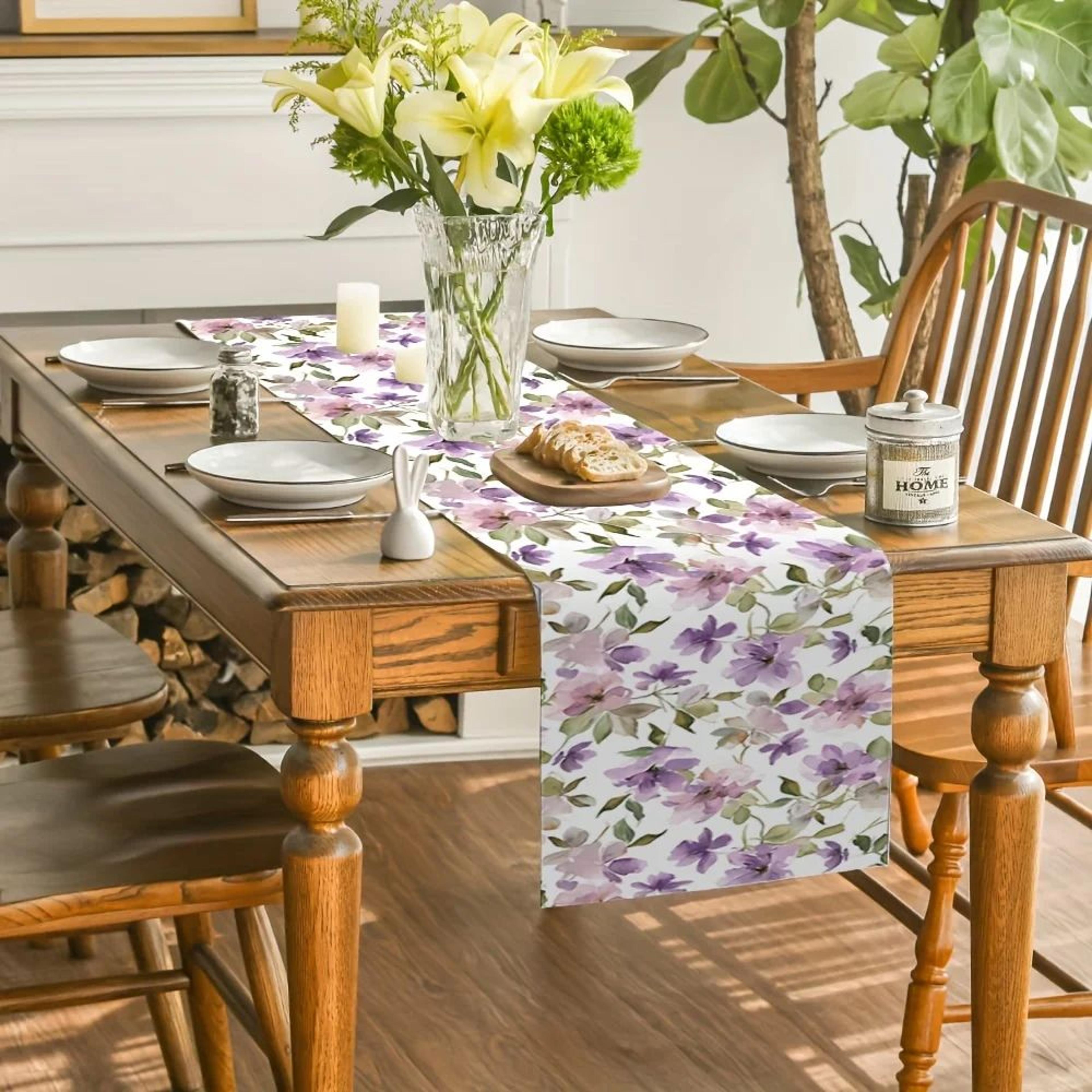 watercolor floral linen table runner green plant dining table decor for elegant home styling