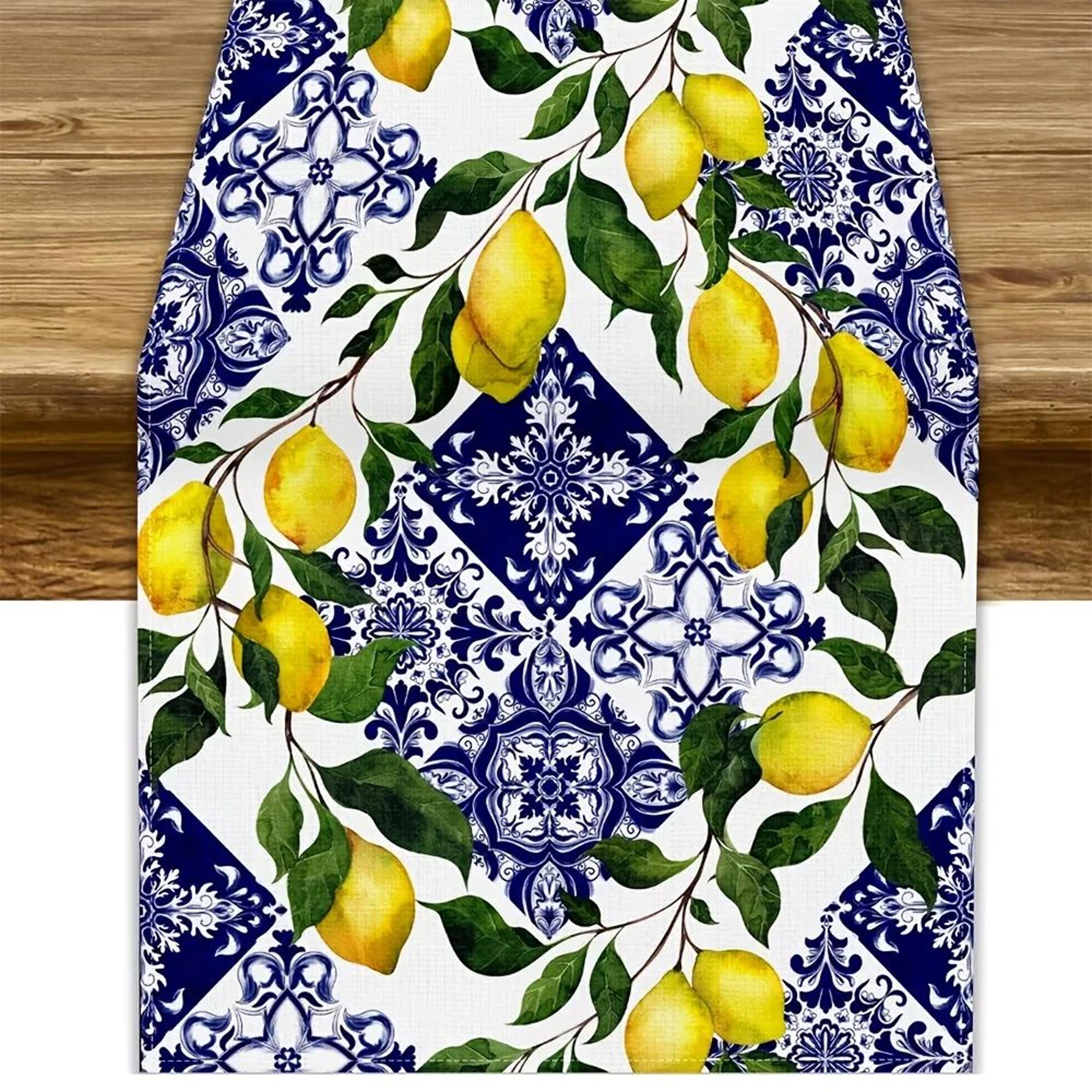 lemon floral table runner blue tile linen summer table decor