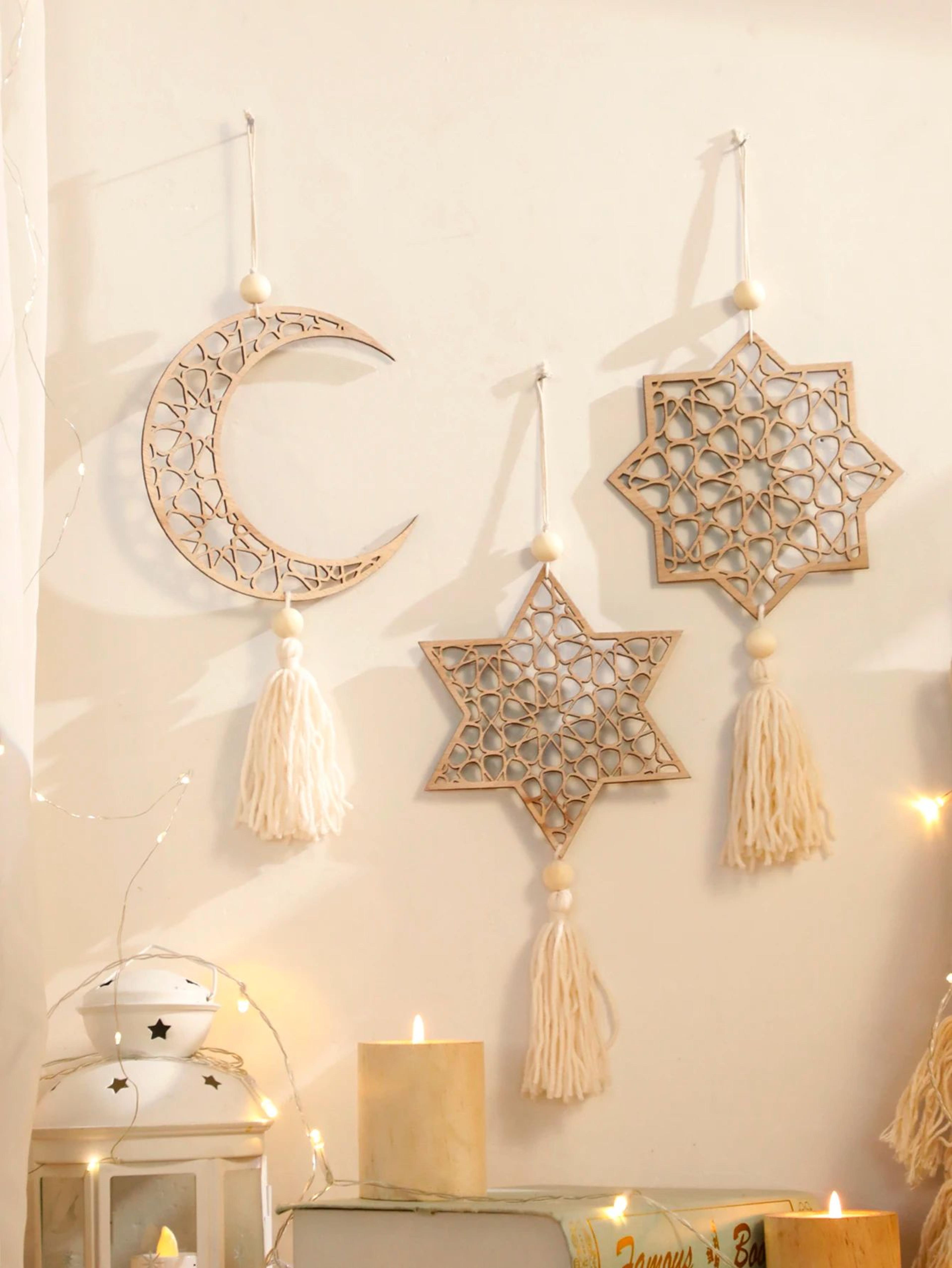 wooden ramadan hanging decor moon tassel eid mubarak ornament set