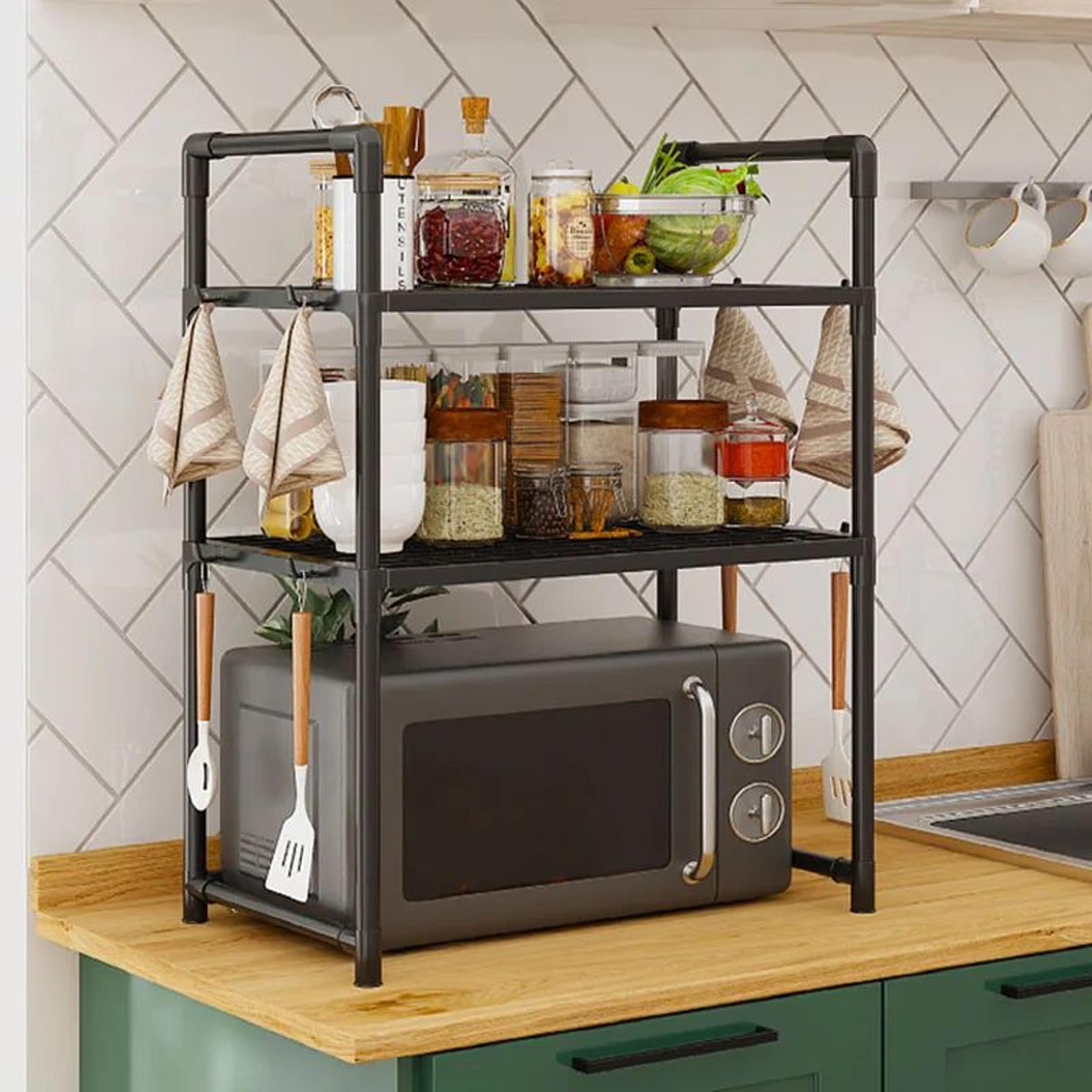 adjustable microwave shelf kitchen counter organizer rack with hooks