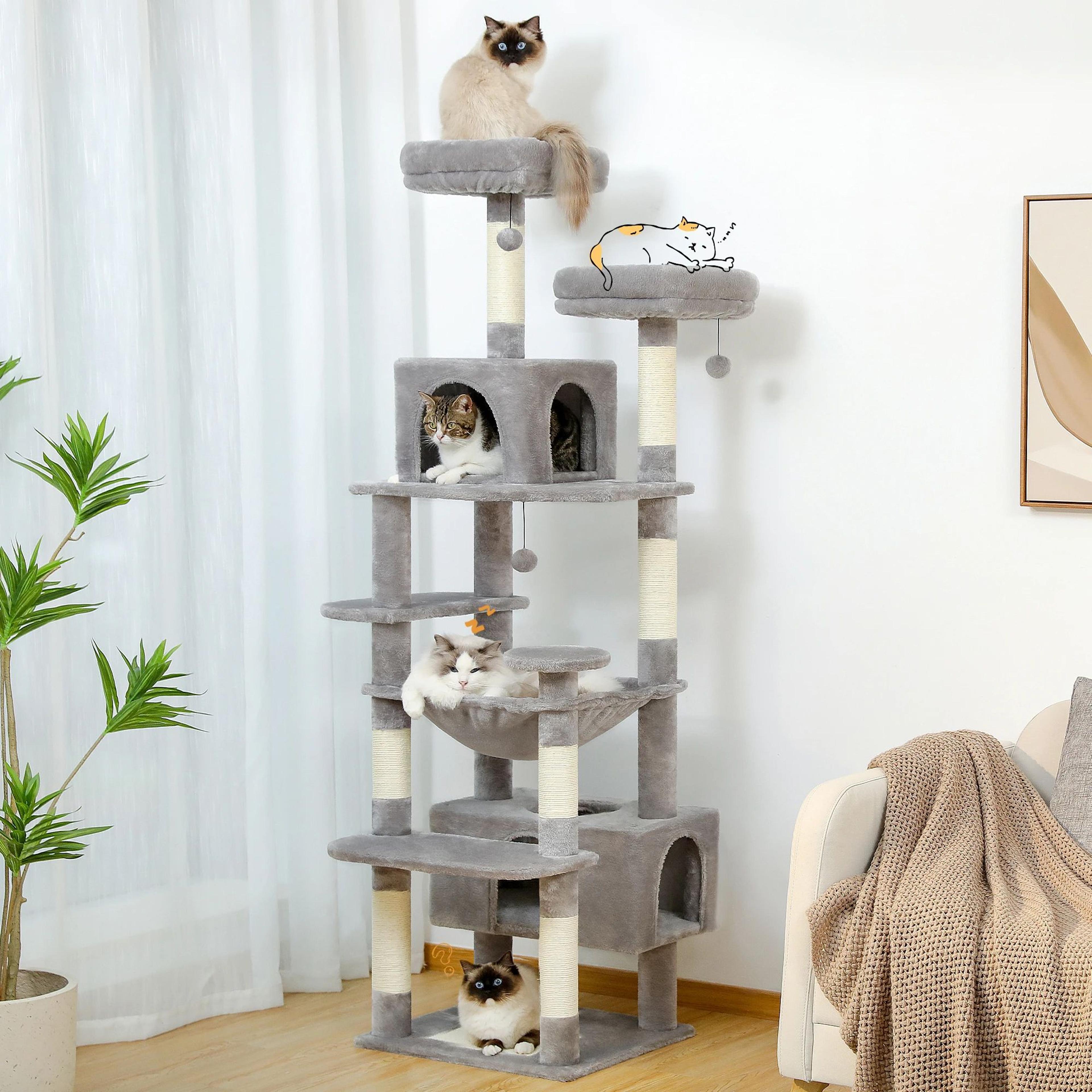 large cat tree tower with scratching posts hammock condos and padded perches for indoor cats
