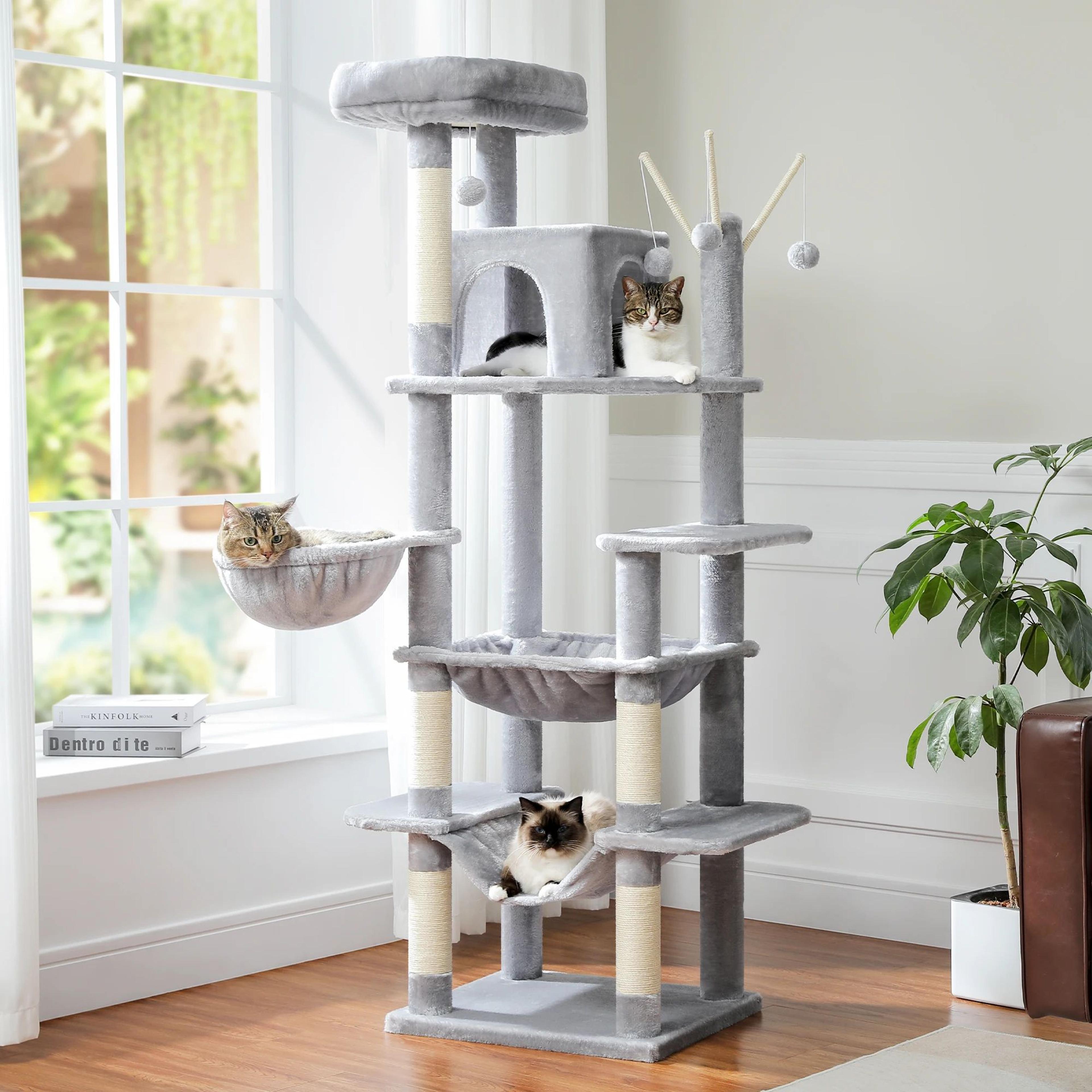 large cat tree tower with big hammock and scratching posts
