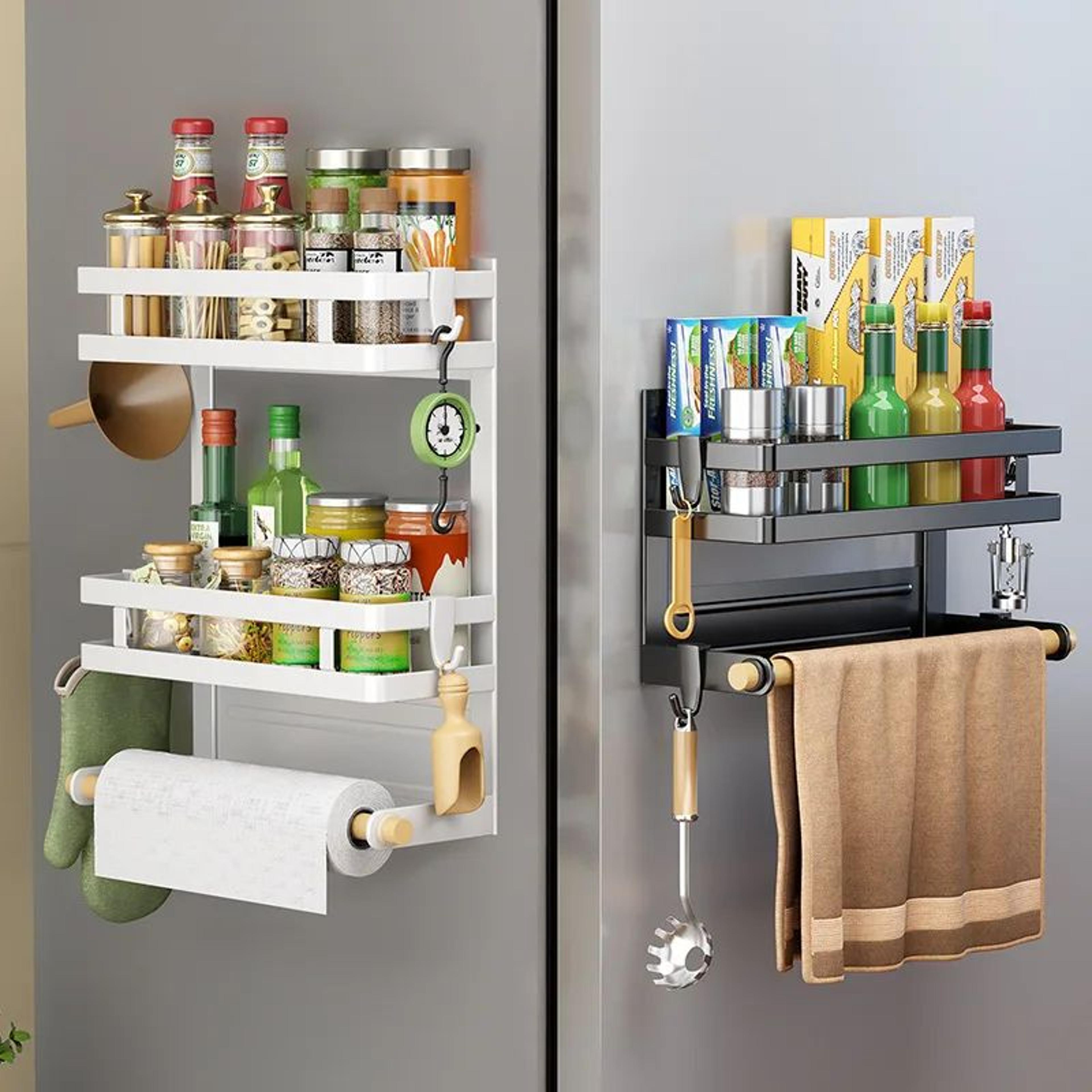magnetic refrigerator organizer shelf with towel holder