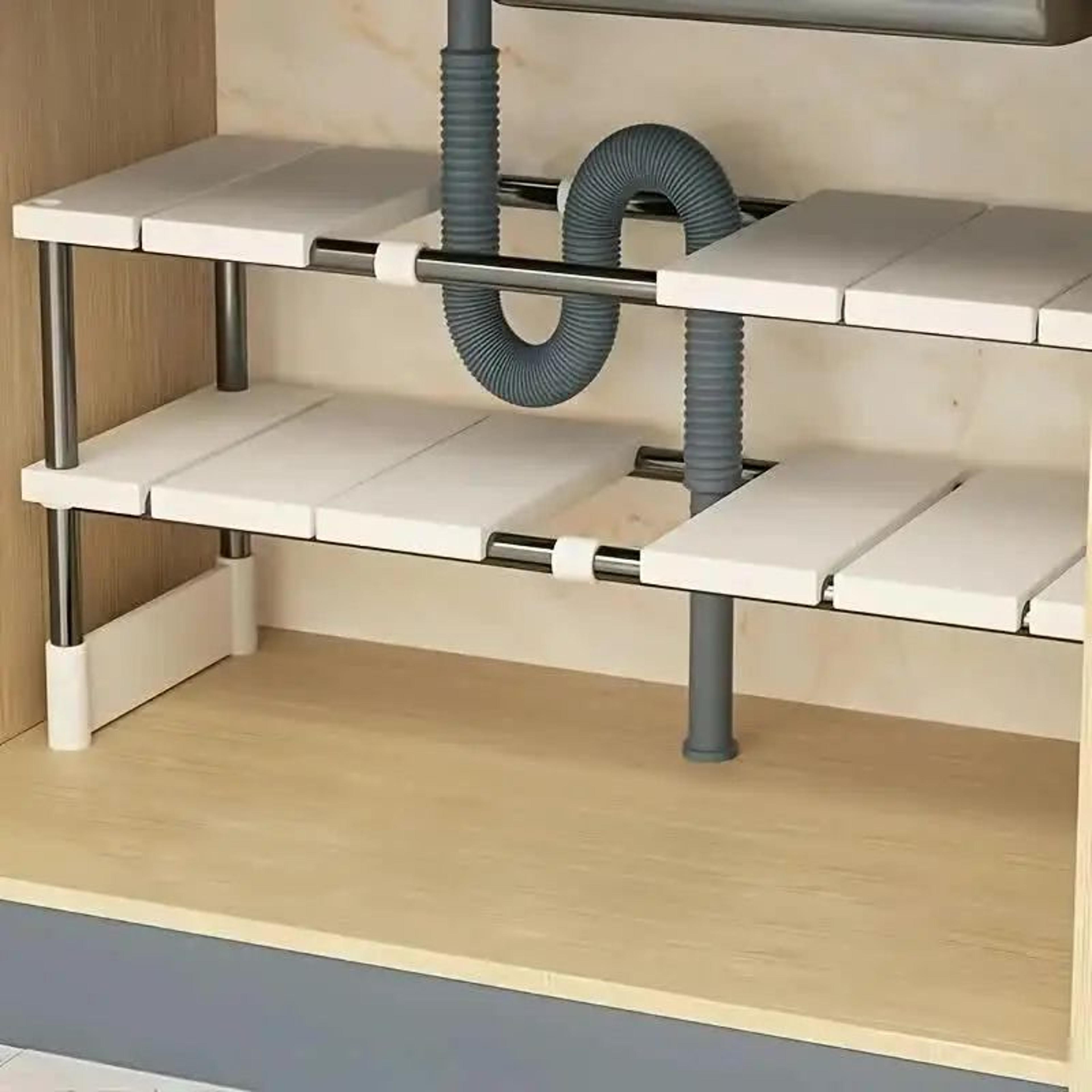 adjustable under sink storage rack and cabinet organizer