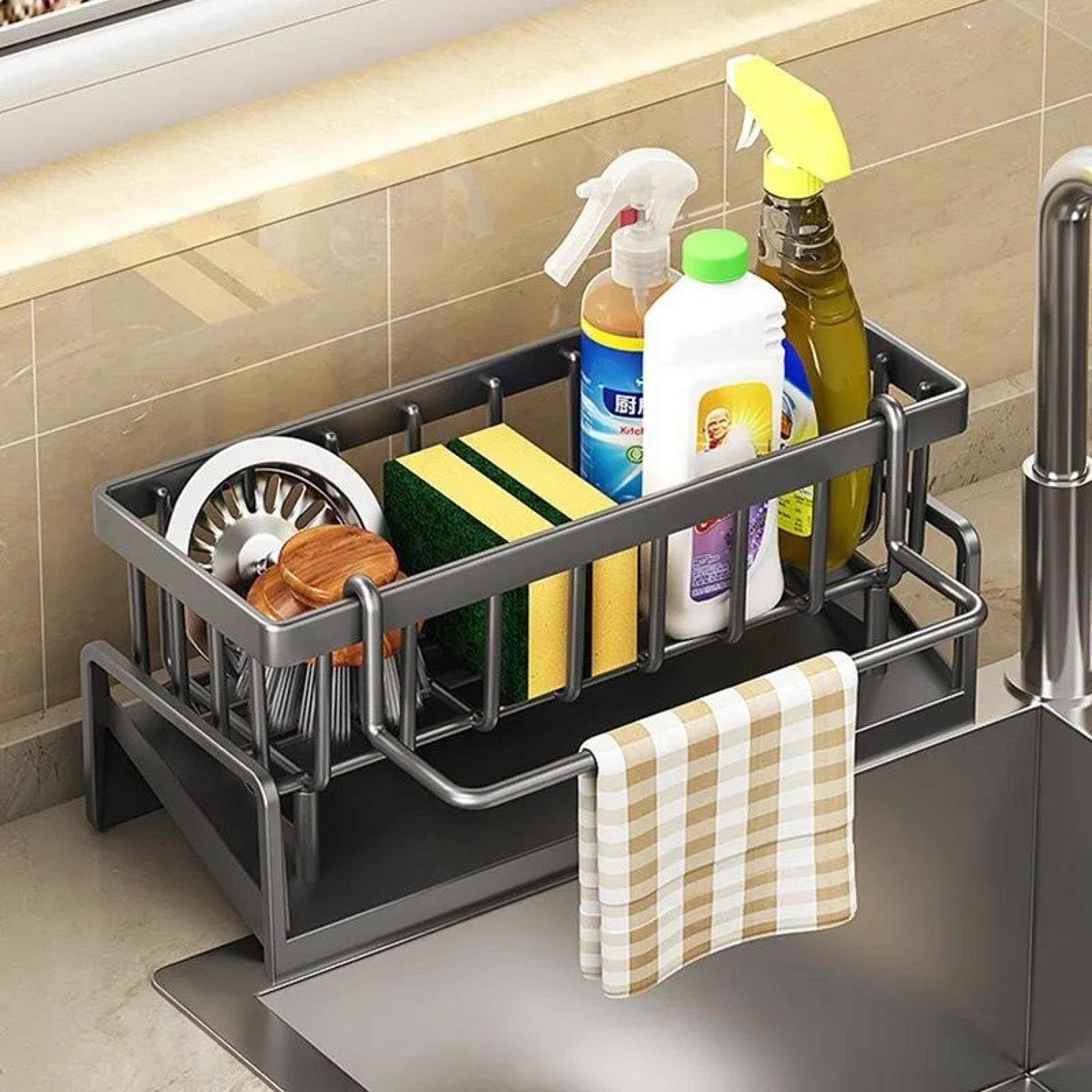 faucet mounted sink organizer rack with sponge holder and towel bar