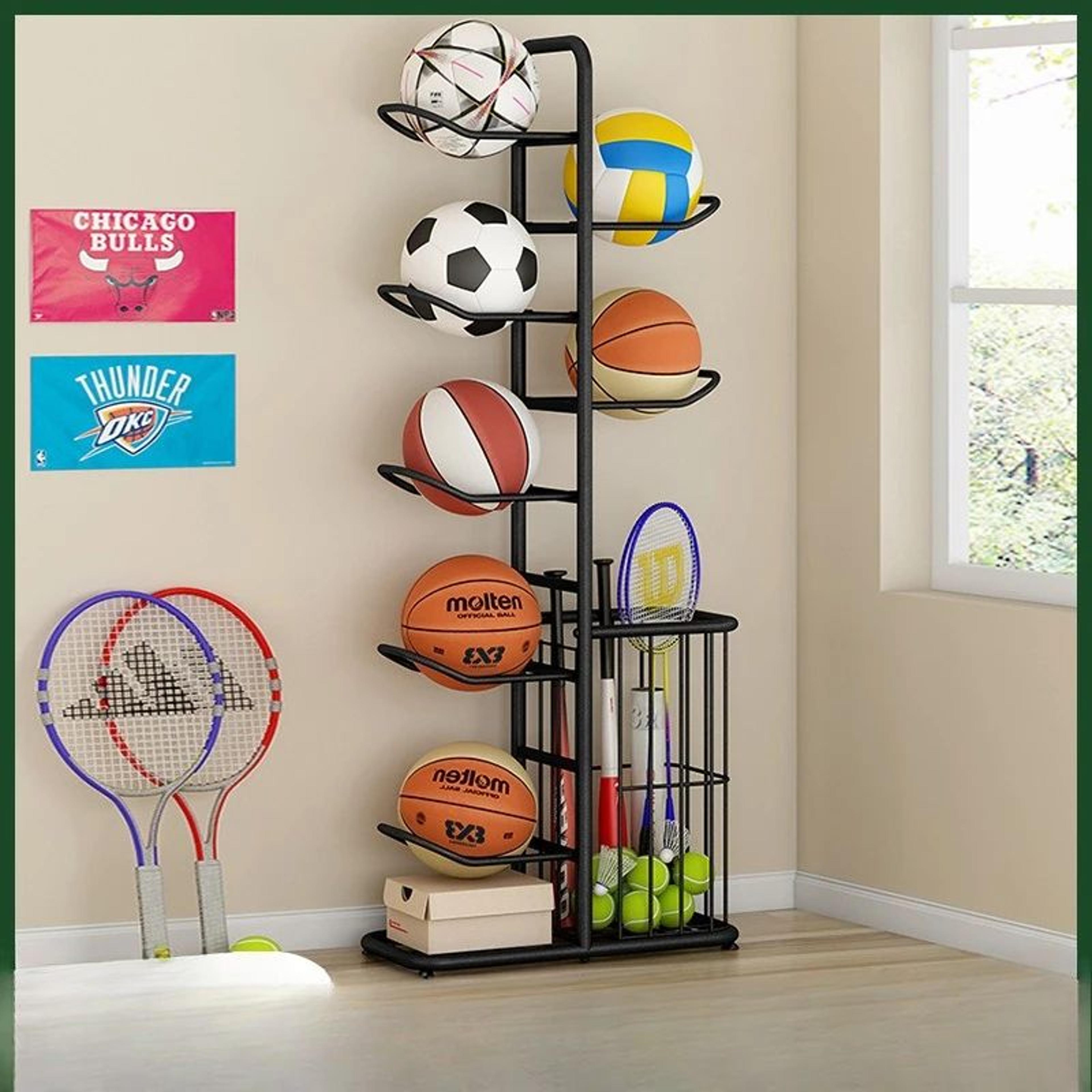 multi tier ball storage rack for sports equipment and toy organization