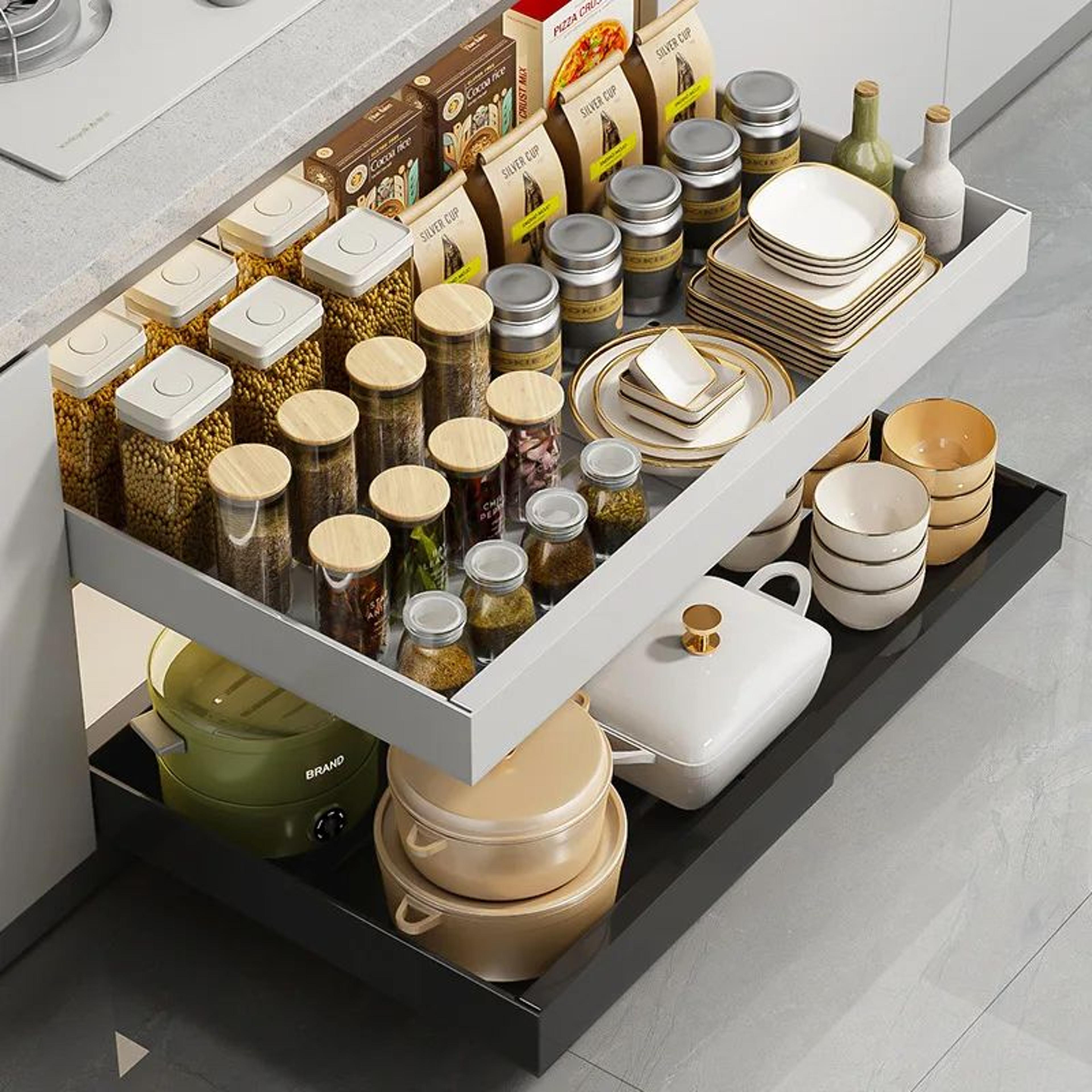 expandable pull out cabinet organizer adjustable sliding storage shelf