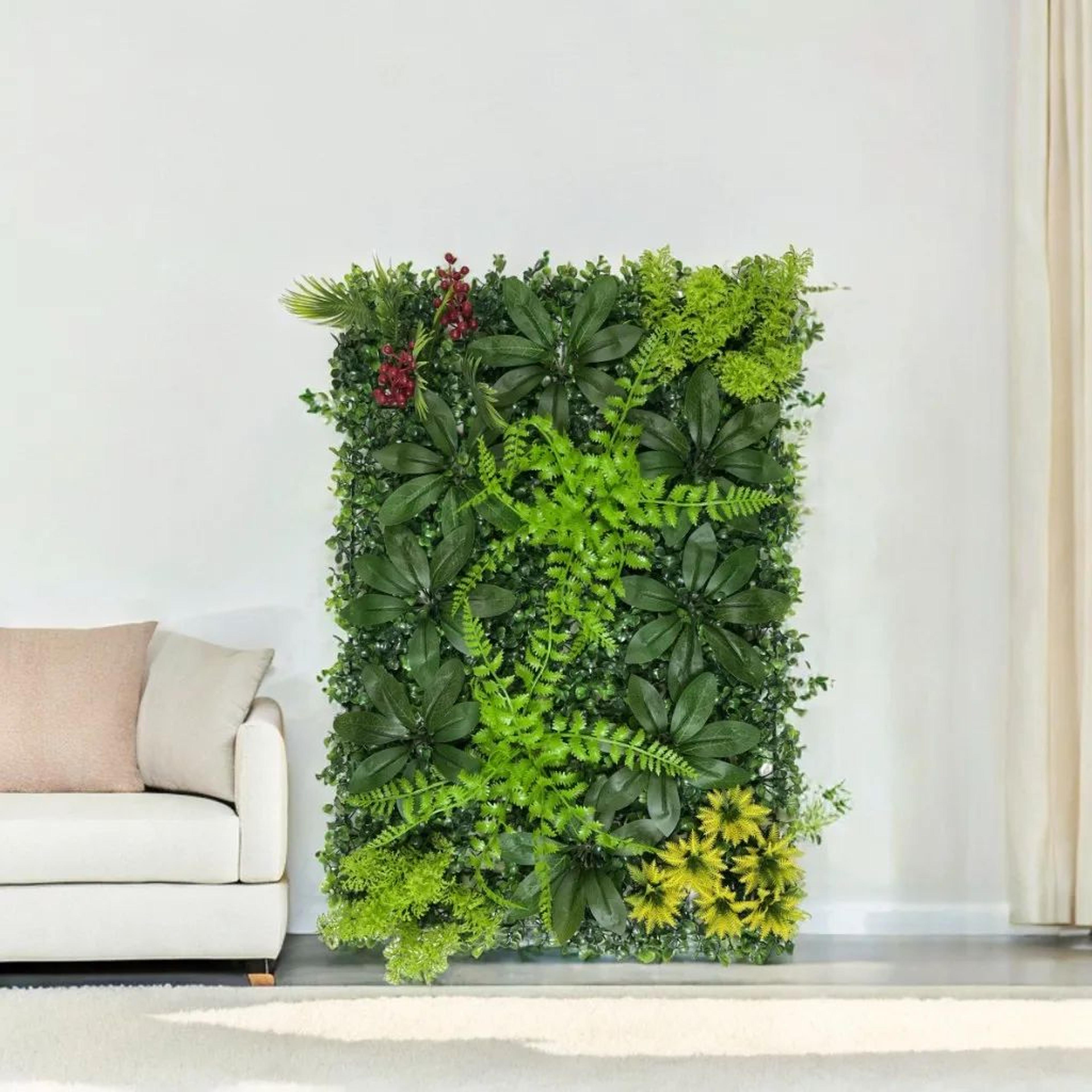 artificial green wall panel with boxwood flowers