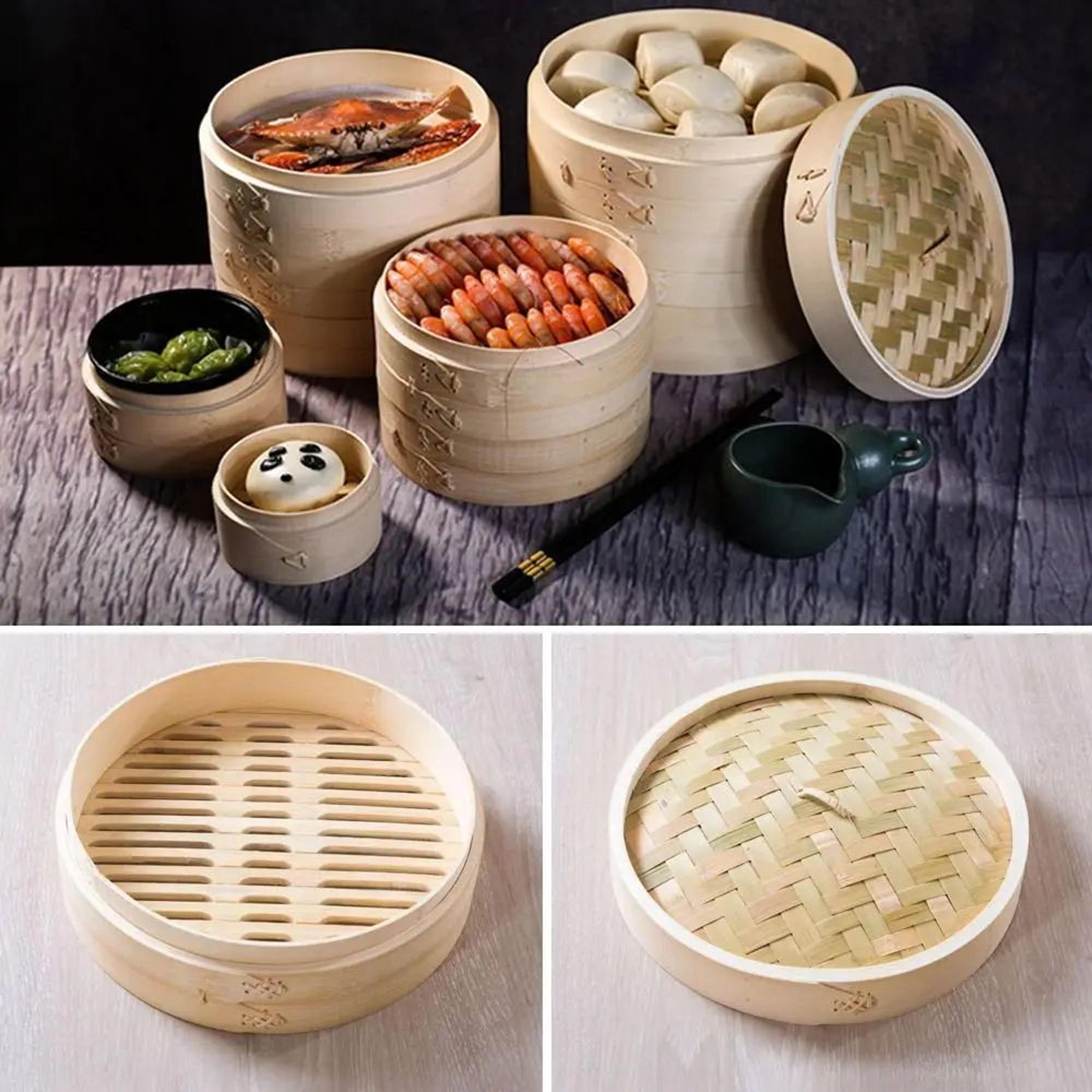 bamboo food steamer basket with lid for dumplings bao buns and vegetables