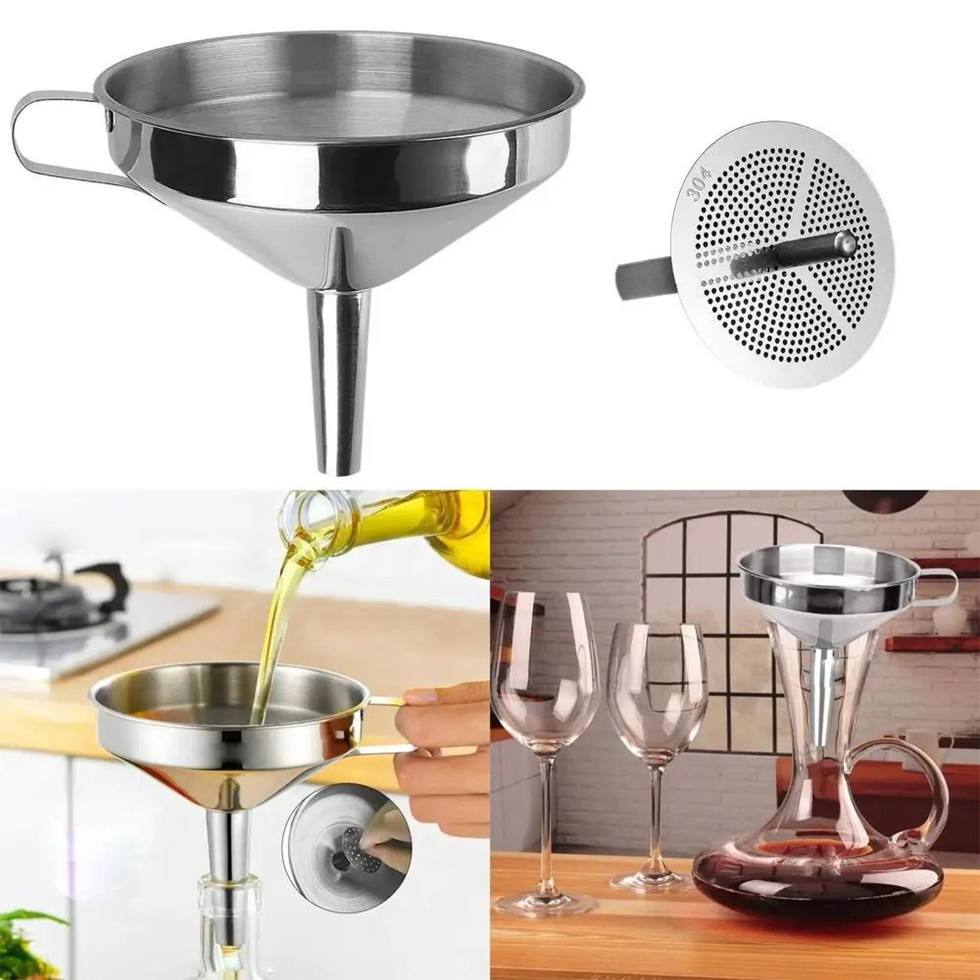 wide mouth stainless steel funnel with detachable filter oil strainer