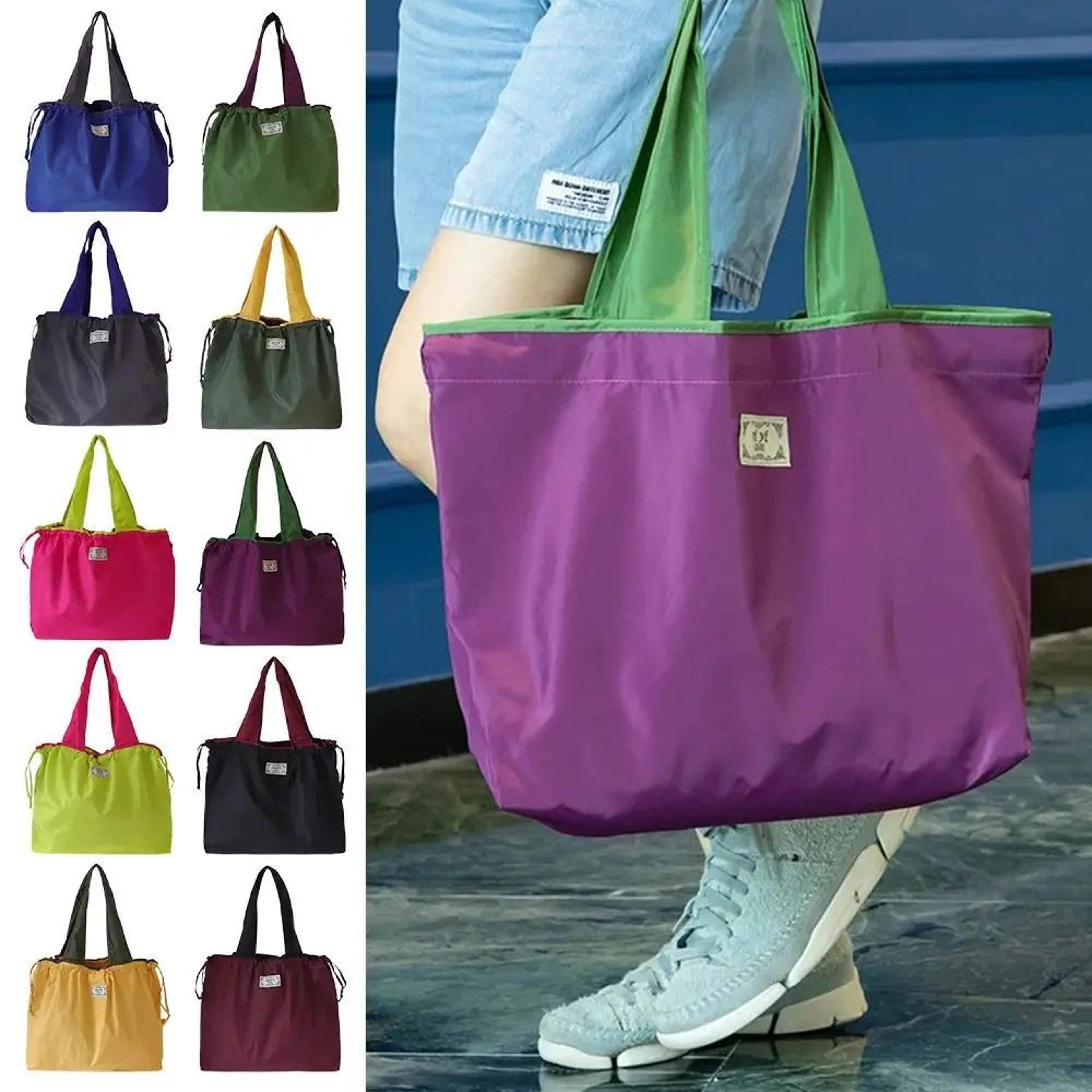 foldable reusable shopping bag waterproof grocery tote with drawstring
