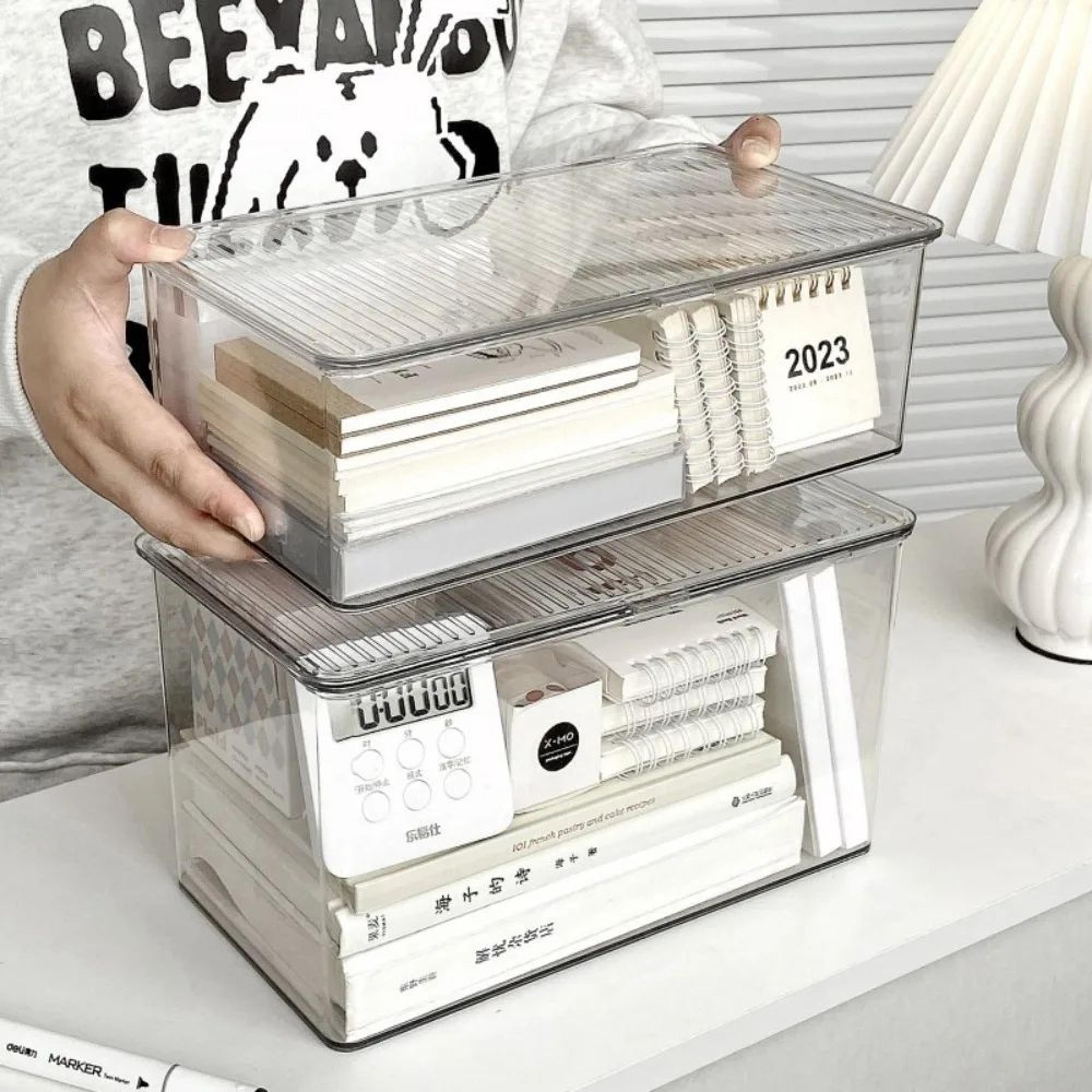 large clear desktop storage box with lid organizer