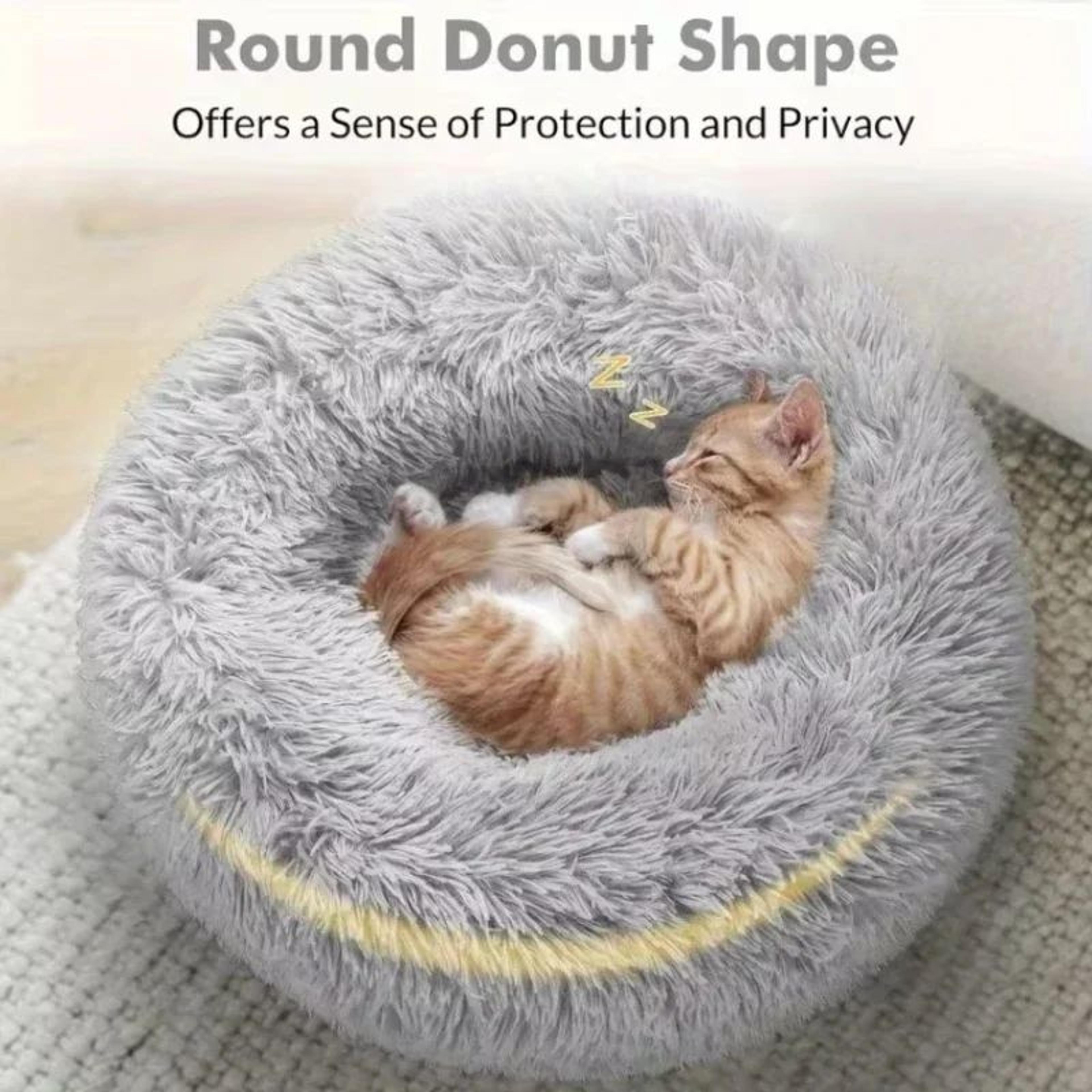 round plush dog bed and cat bed with soft faux fur and non slip base