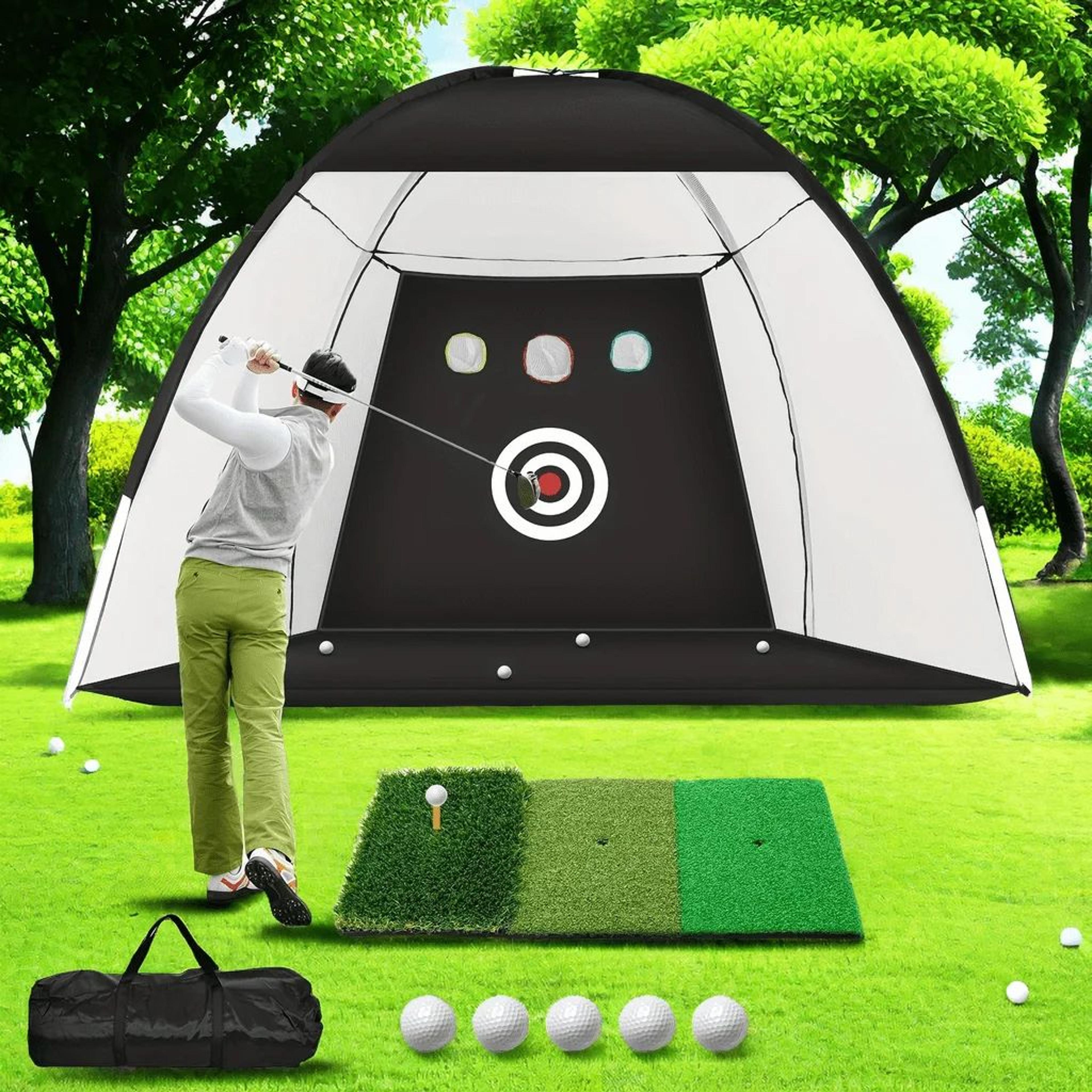 portable golf hitting net with training mat 10 x 7 ft backyard practice set