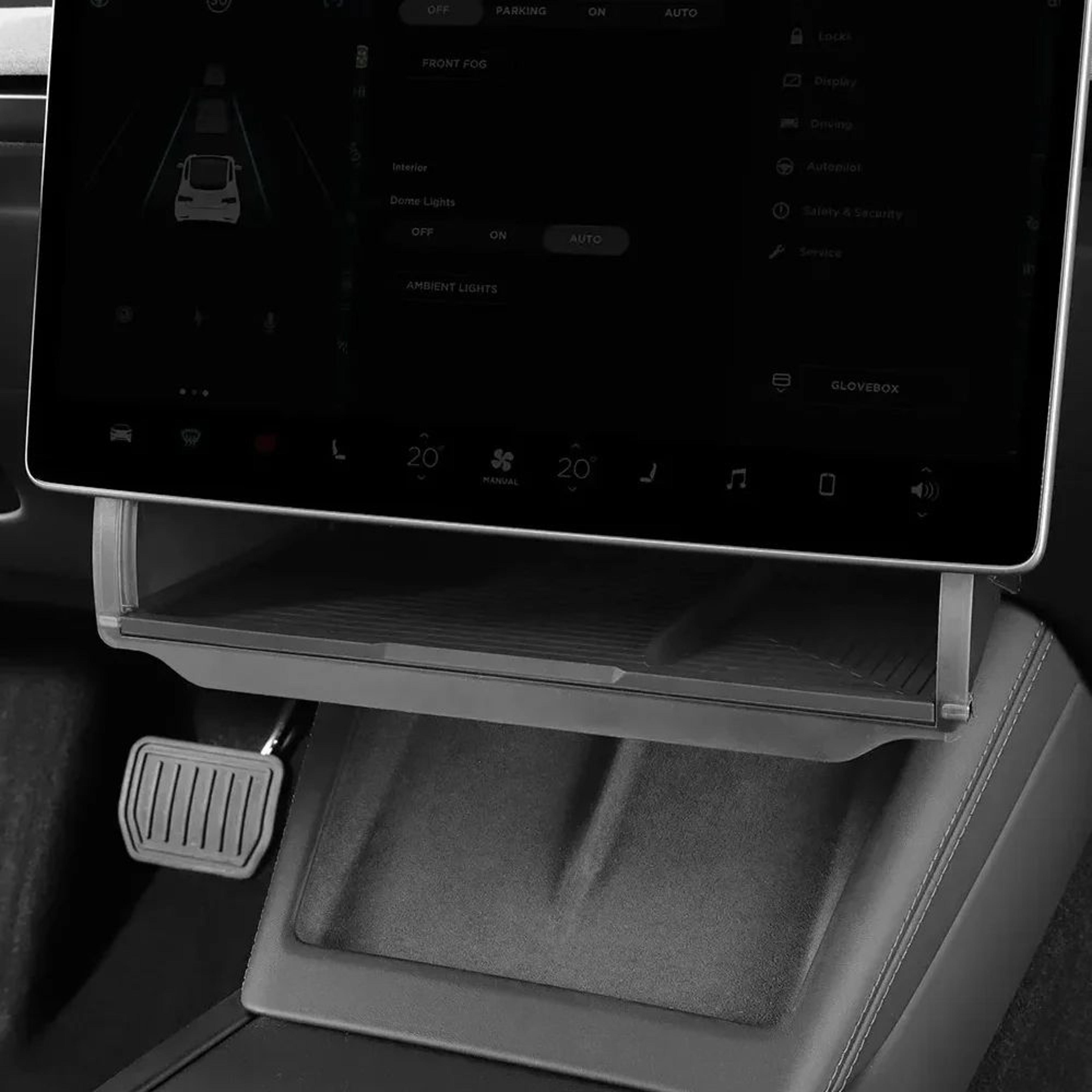 tesla model y center console organizer hidden under screen storage box