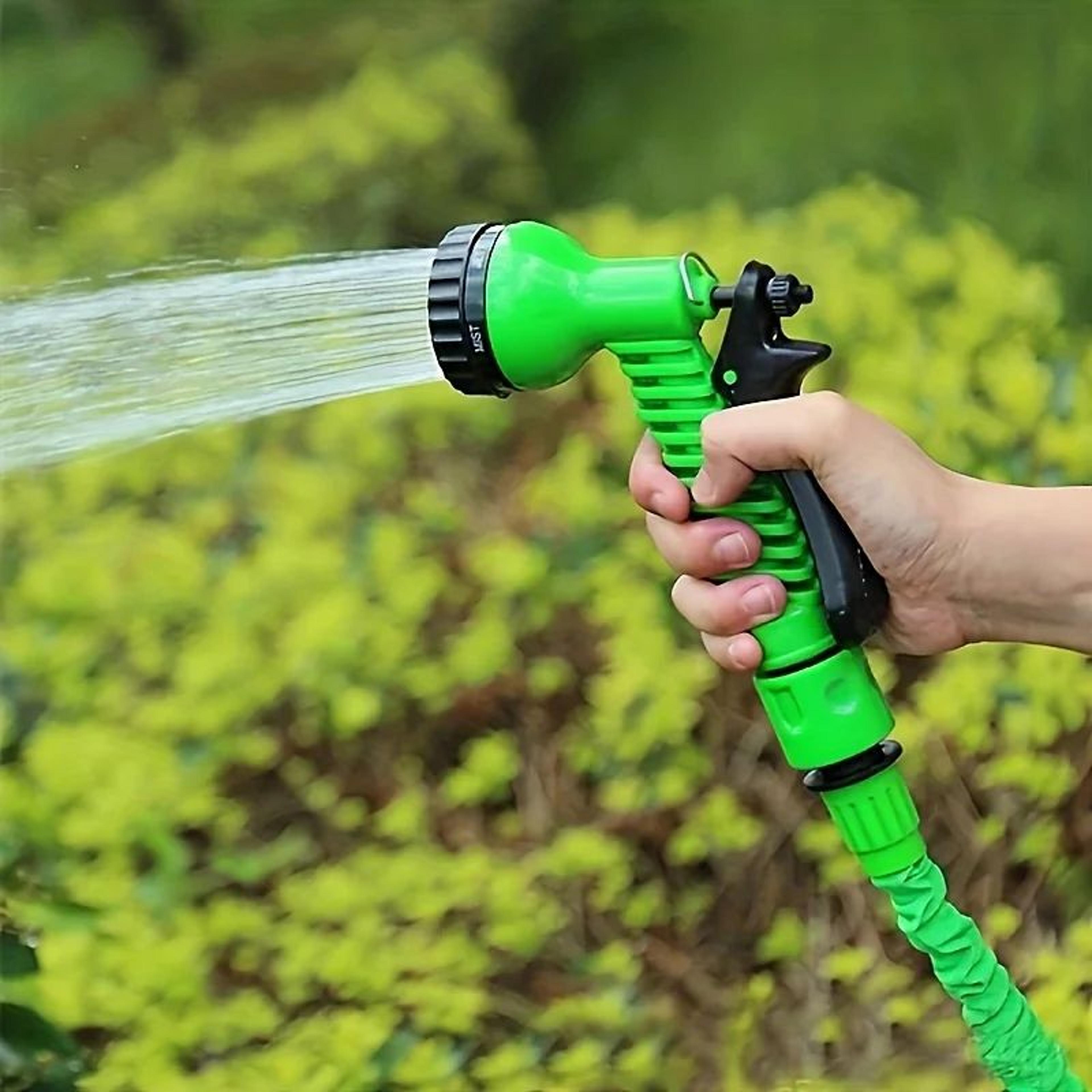 coiled garden hose with 7 function nozzle