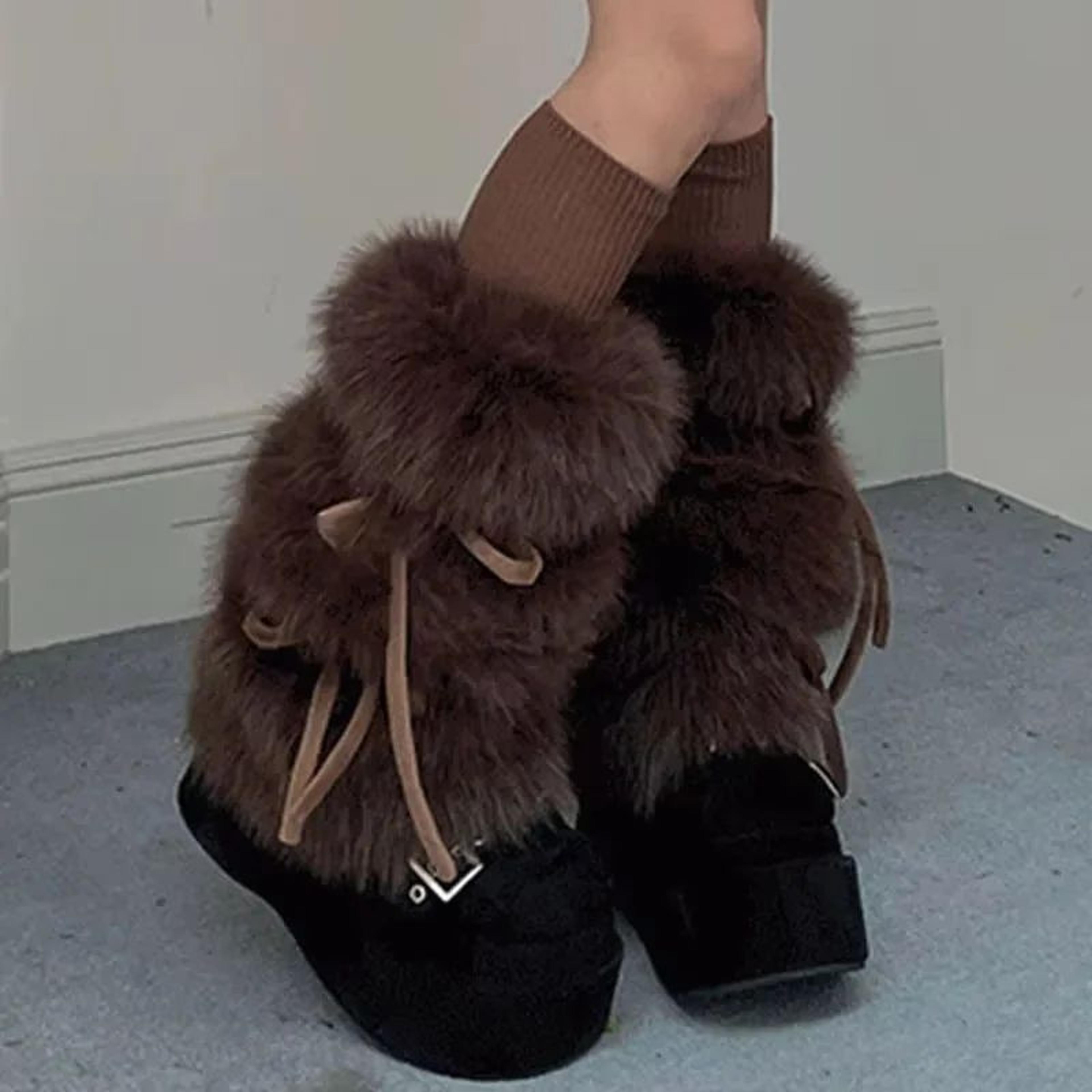 plush bow faux fur leg warmers