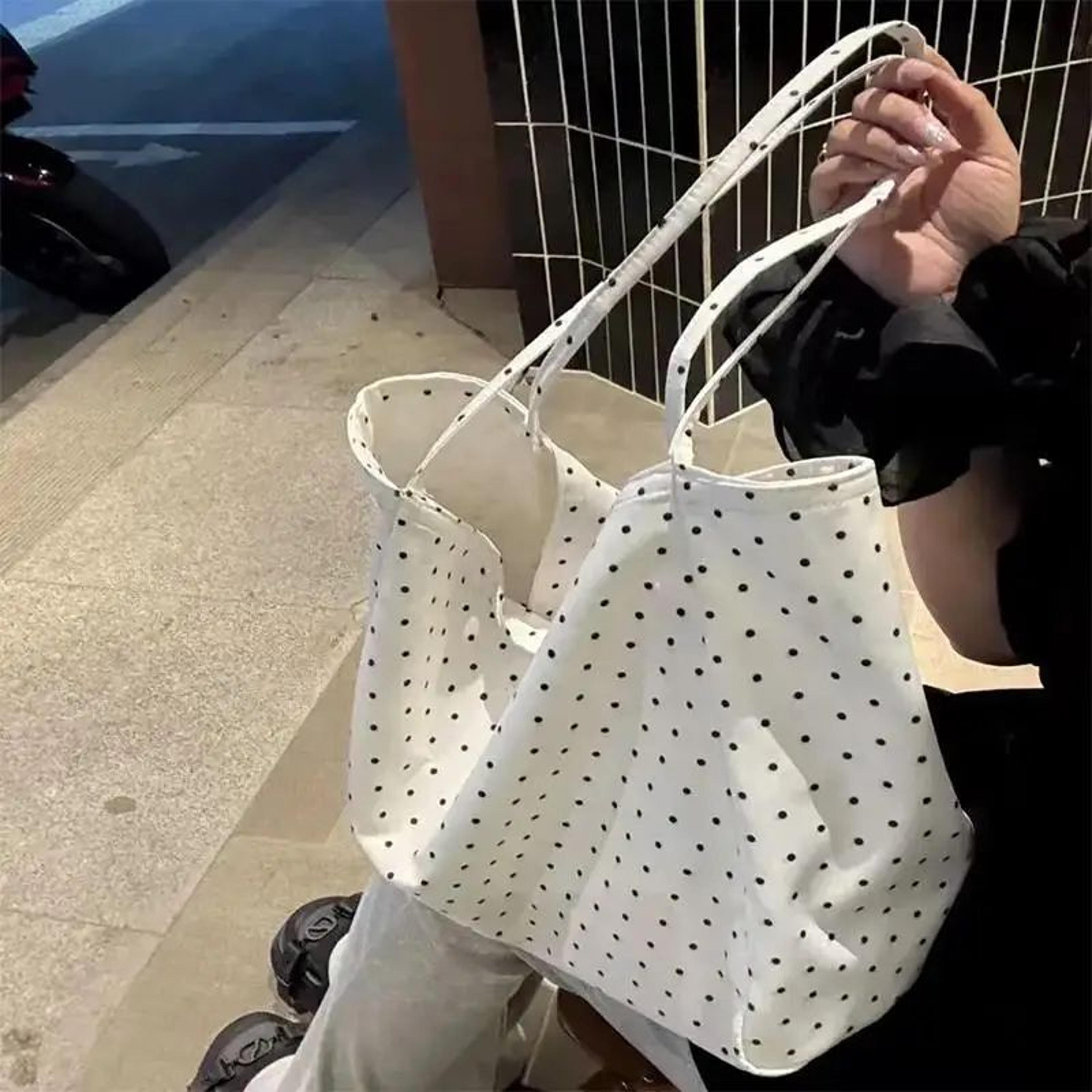 large polka dot canvas tote bag