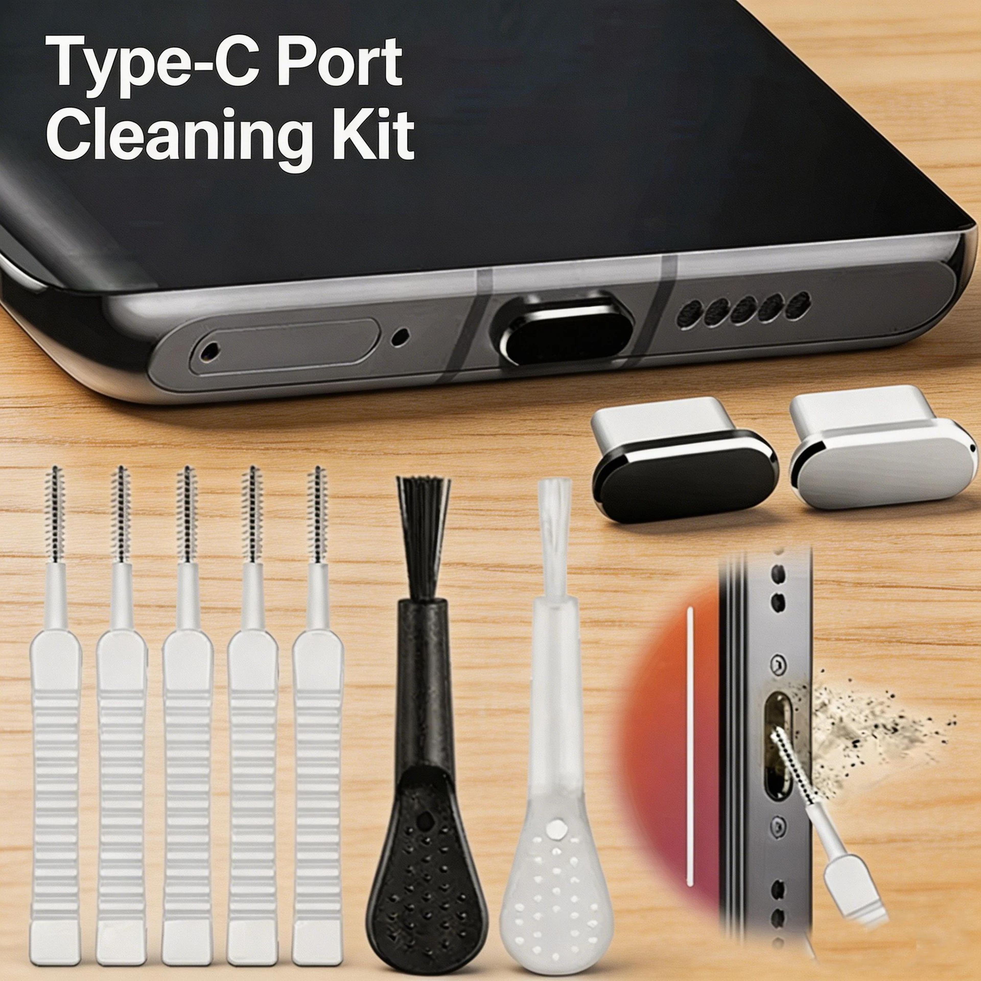 universal phone charging port cleaner and dust plug set