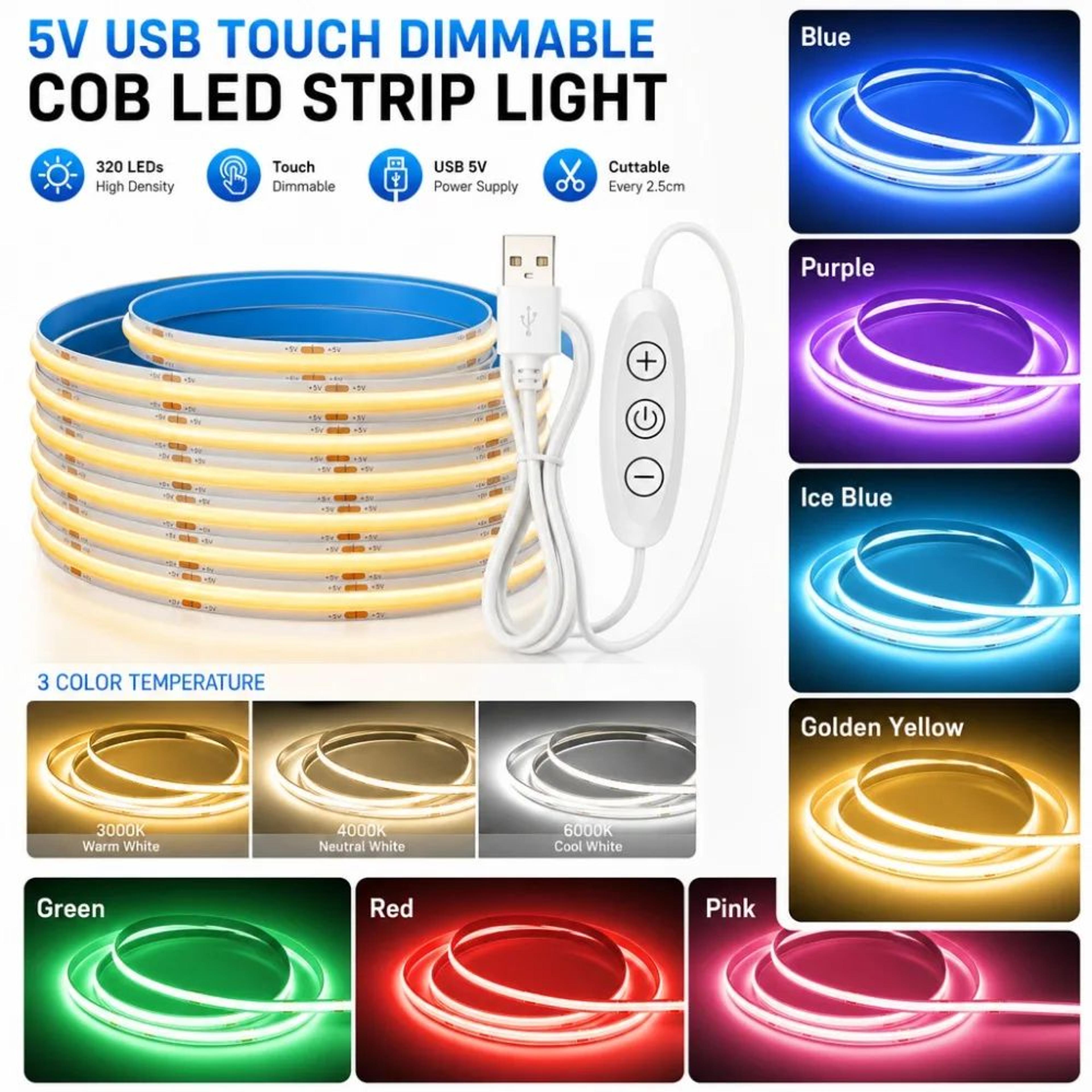 touch dimmable usb cob led rope light