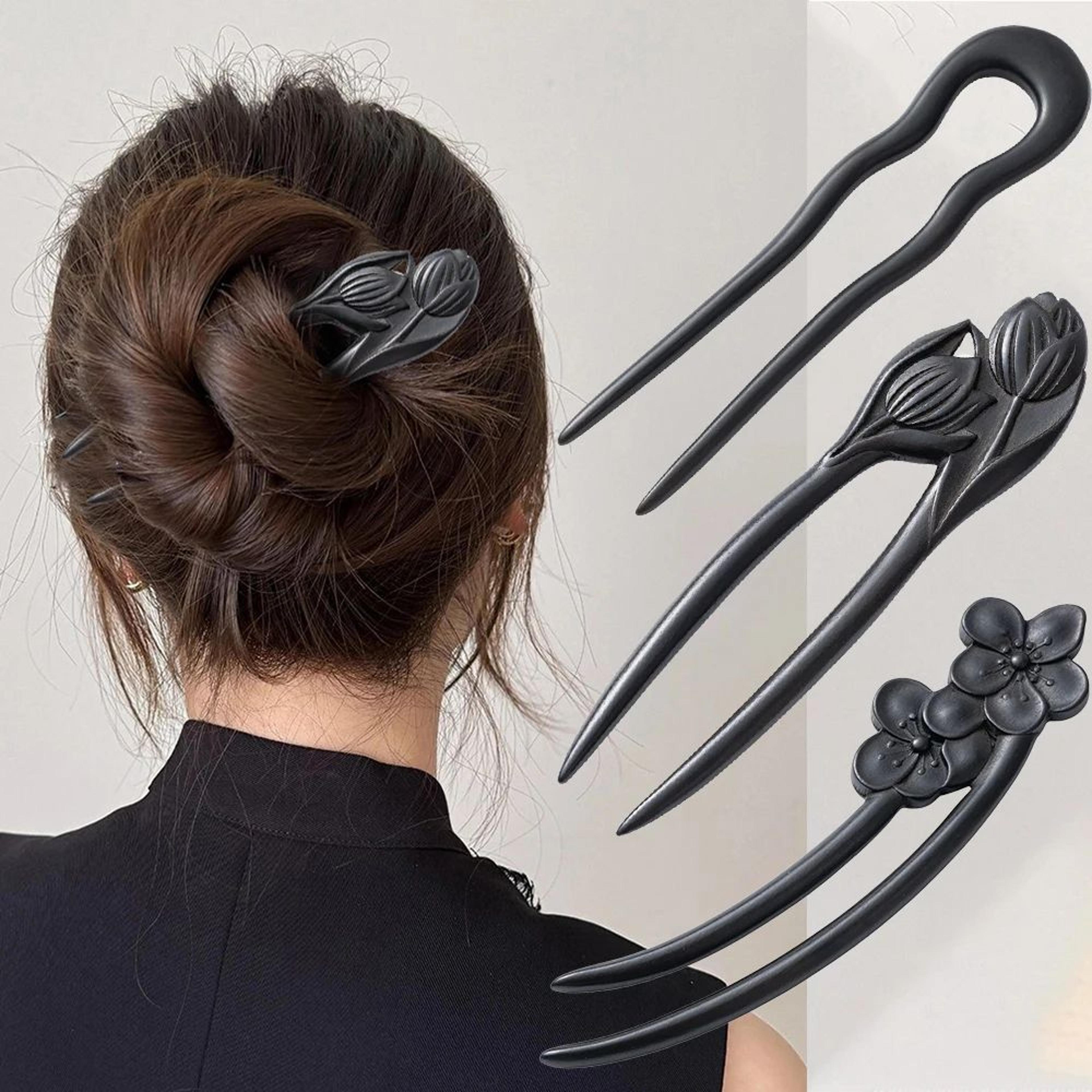 floral u shape wooden hair fork