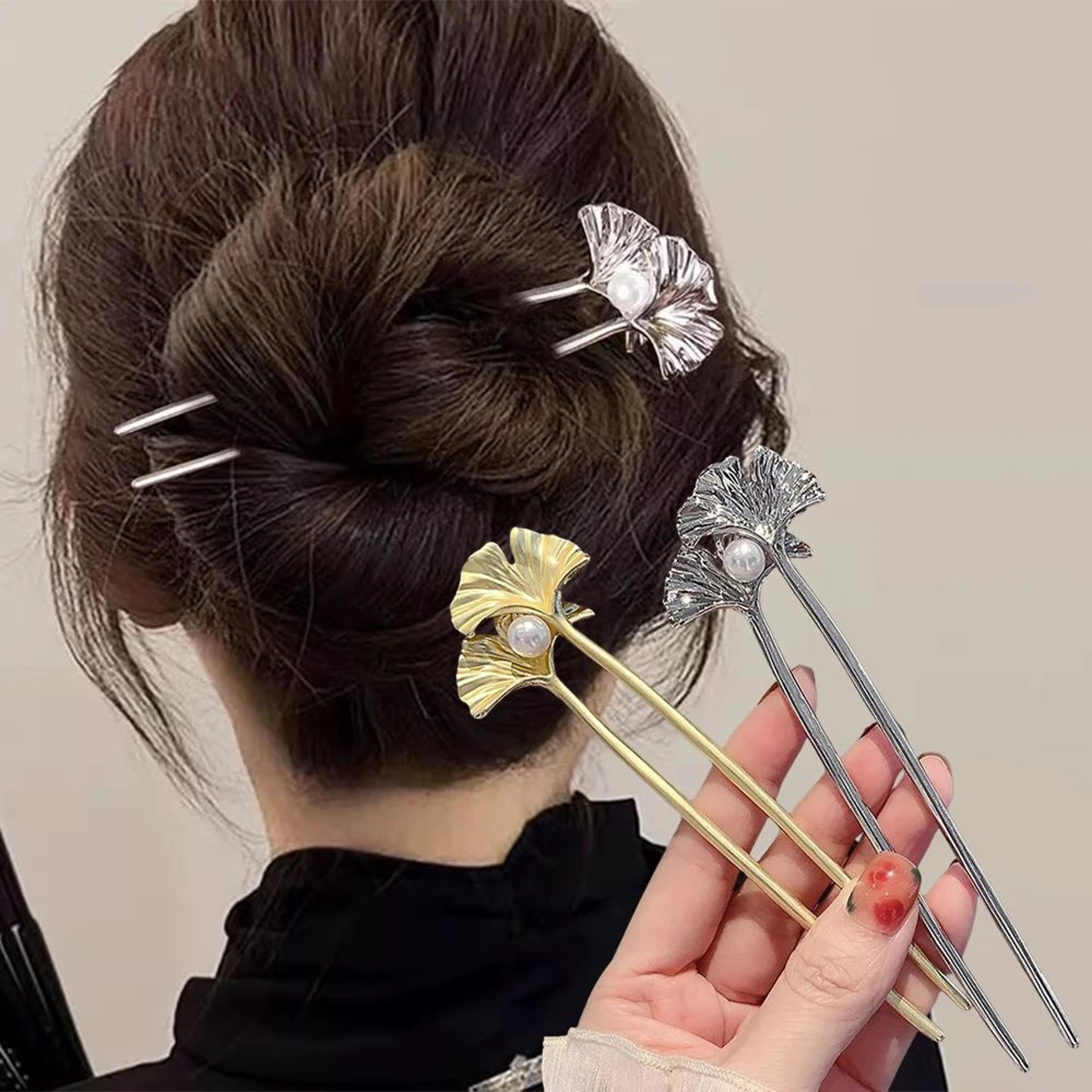 pearl ginkgo leaf metal hair fork