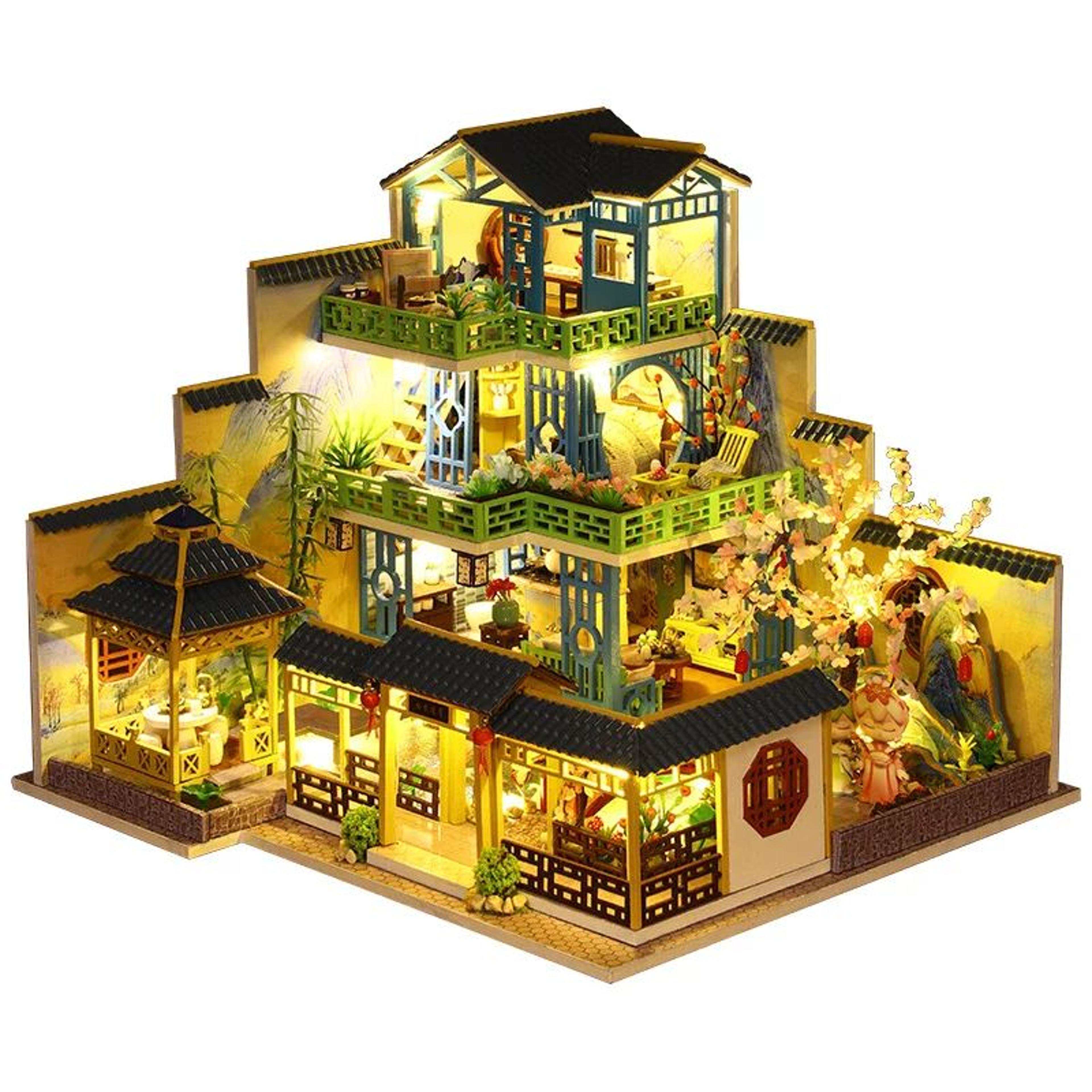 chinese style diy wooden dollhouse kit with lights and furniture