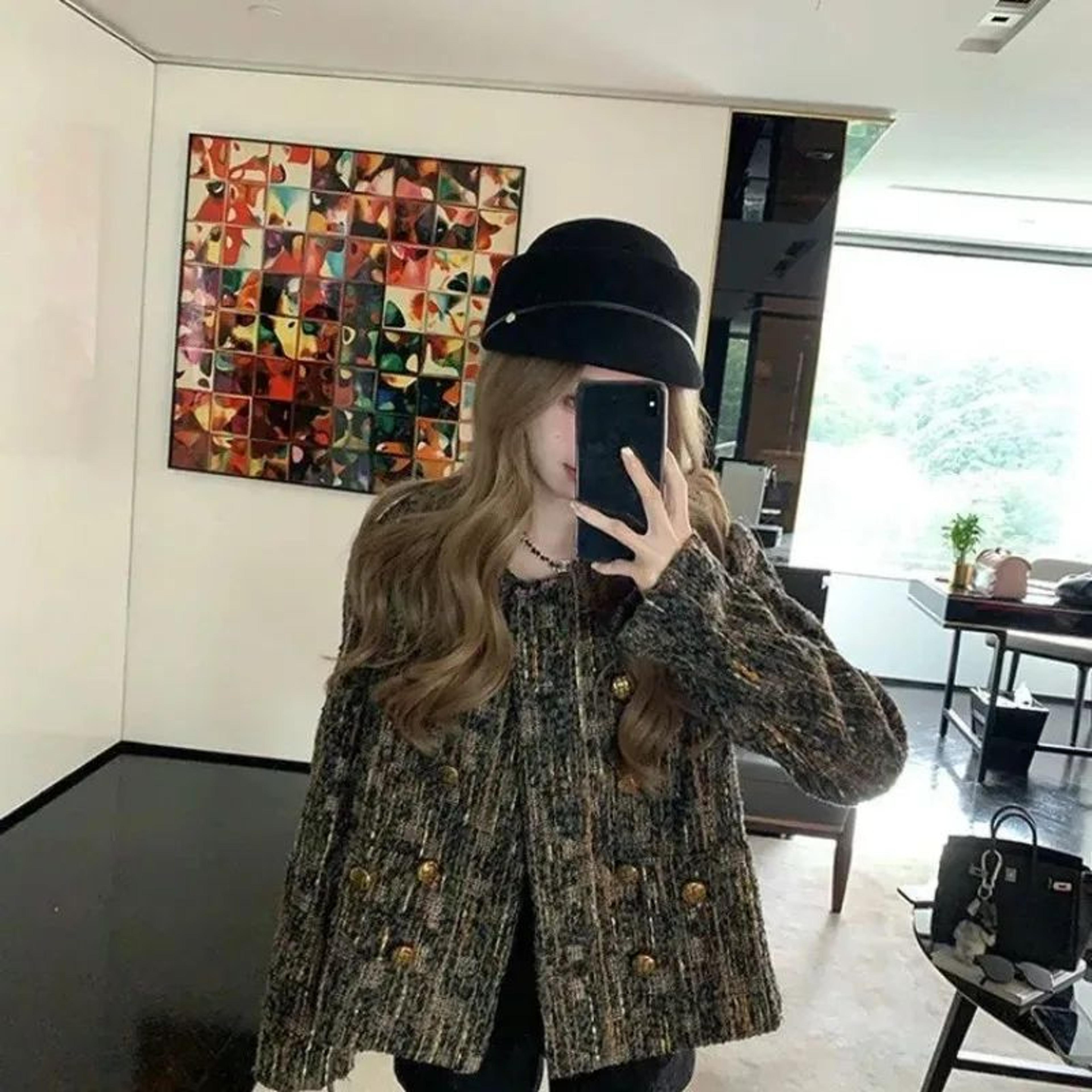 women's chic plaid tweed blazer jacket