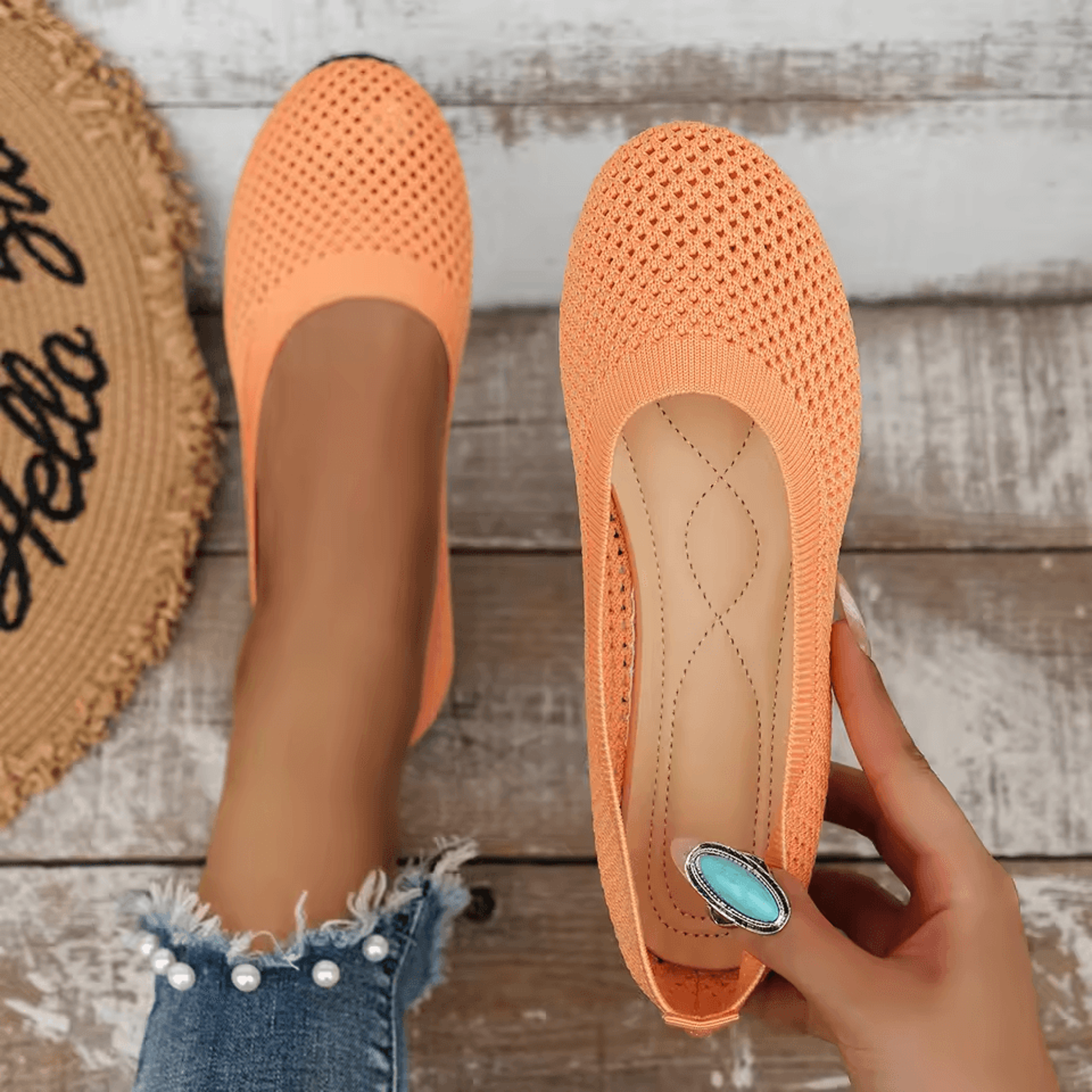womens round toe knitted slip on ballet flats casual breathable loafers
