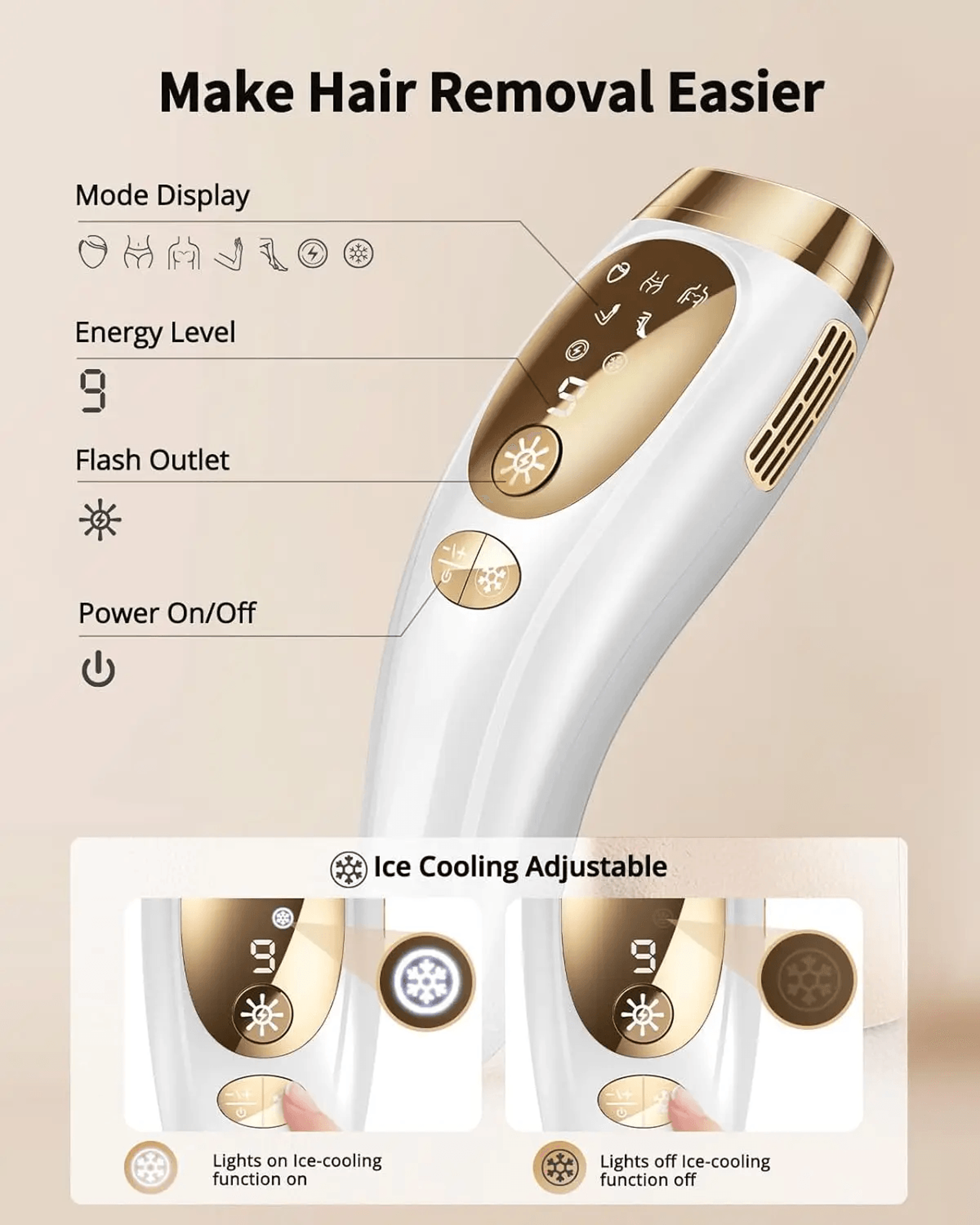 sleekglide ipl hair removal device with ice-cooling technology – unlimited flashes & 9 intensity levels