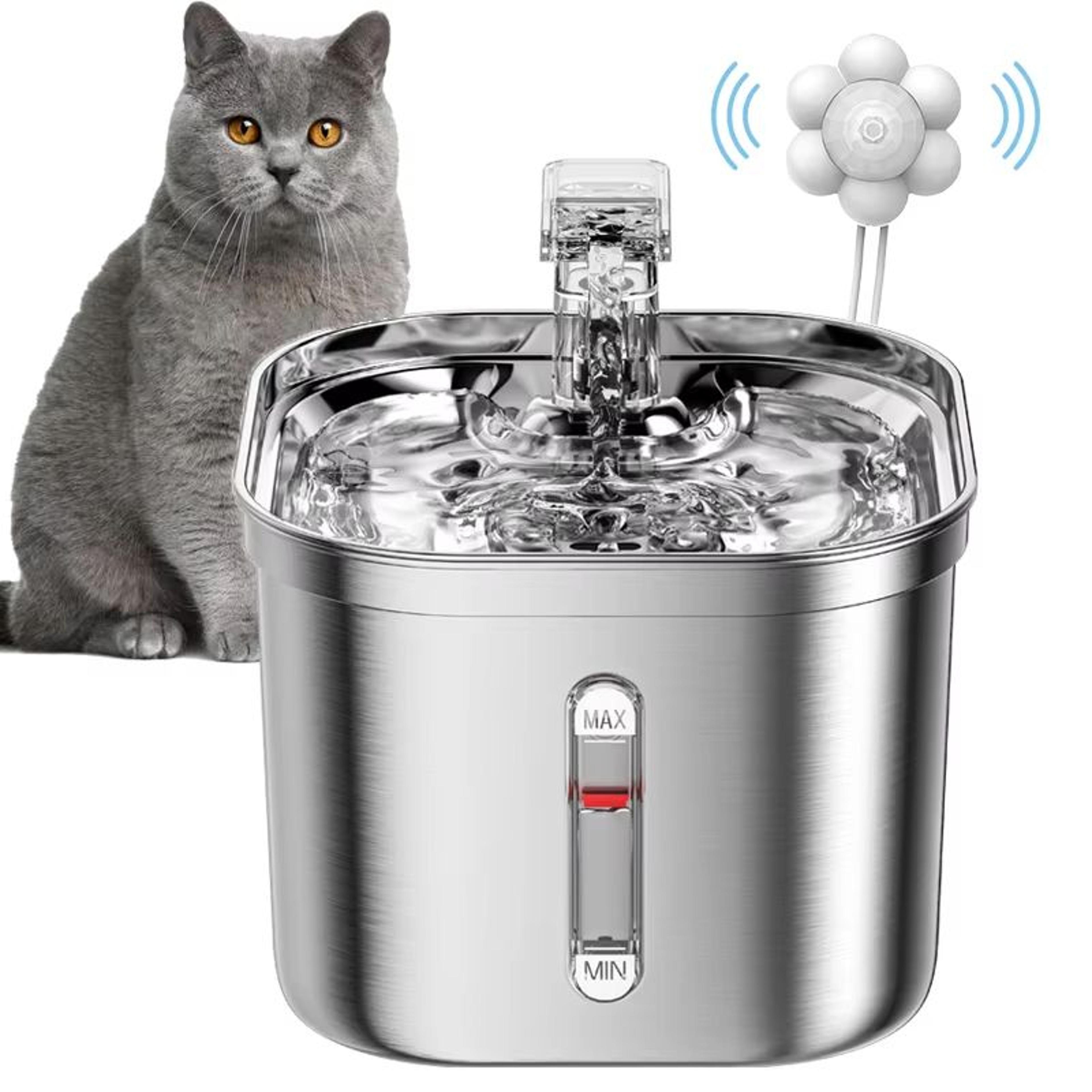 stainless steel cat fountain – automatic water dispenser with sensor and filter for cats, ultra-quiet pump and water mar