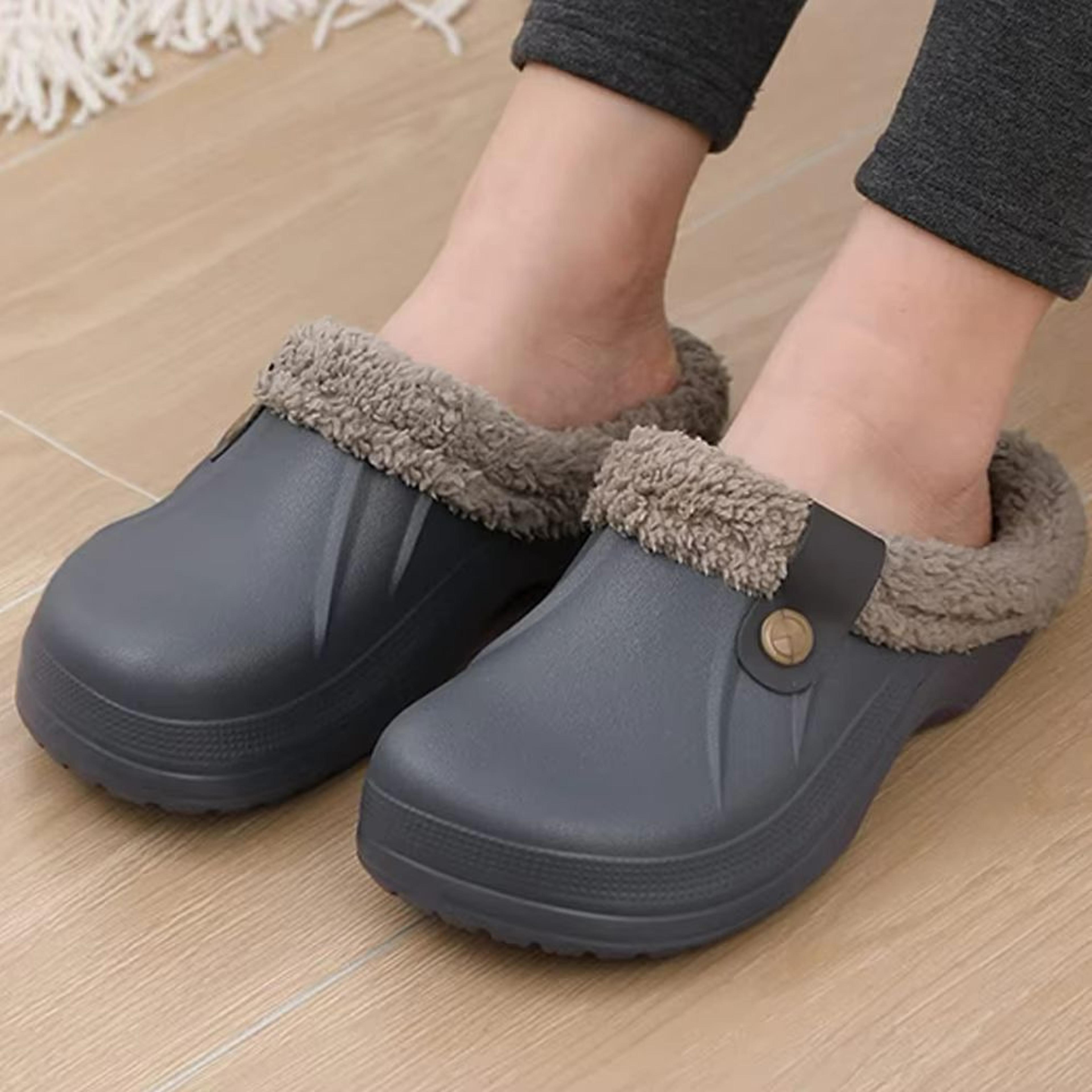 cozy waterproof fur clog slippers – plush, indoor outdoor winter shoes