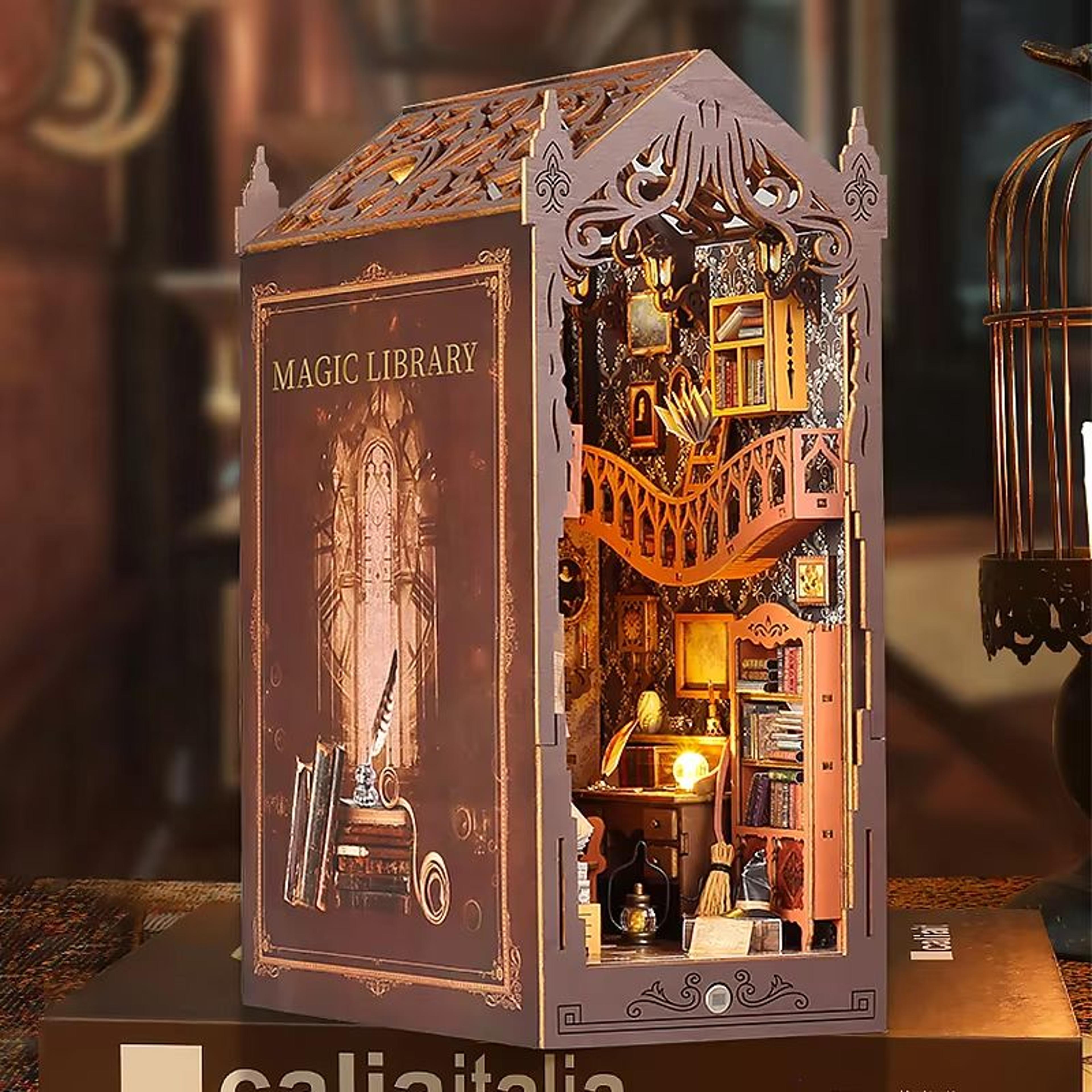 diy book nook kit wooden dollhouse building set led bookshelf insert miniature house bookend