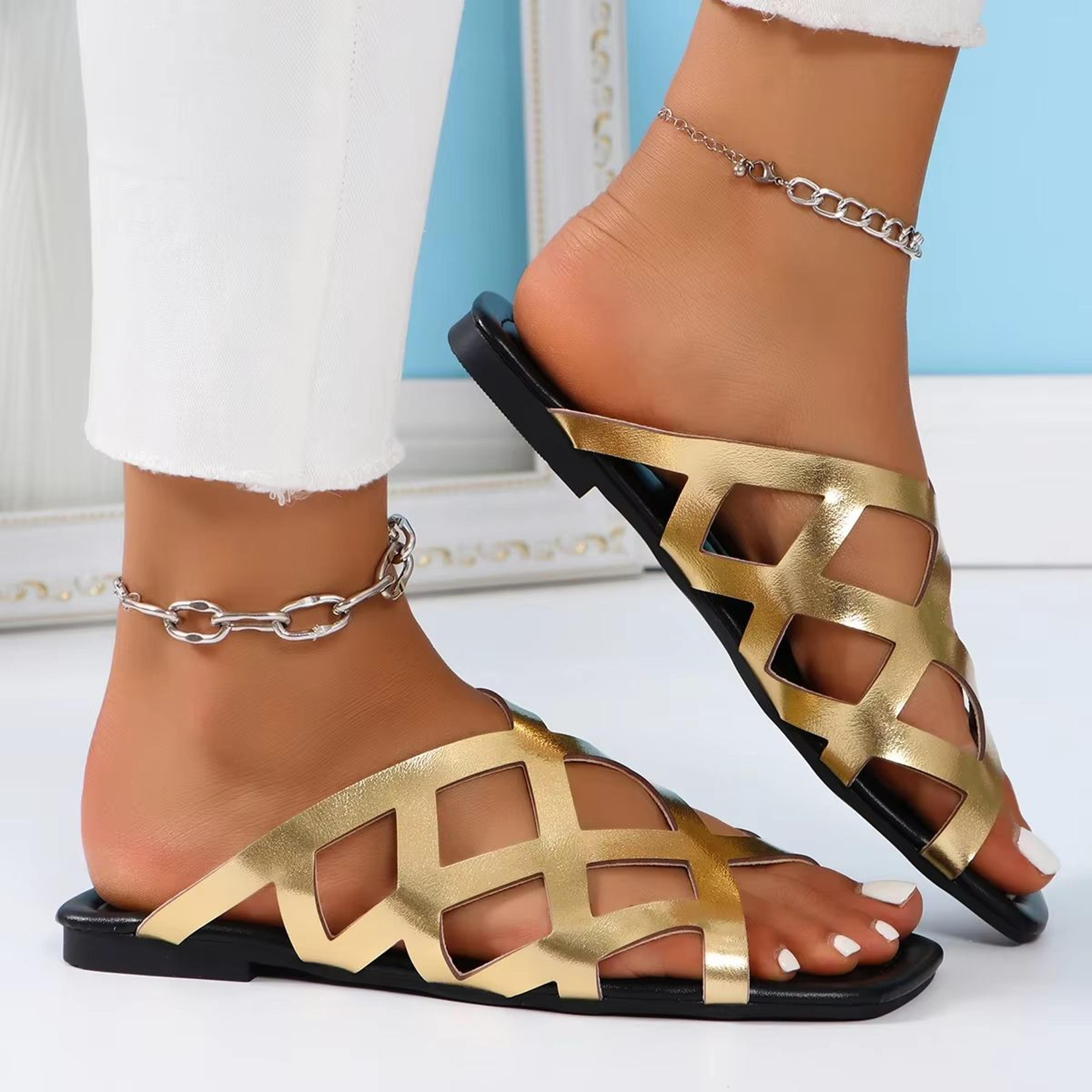women solid color woven sandals soft sole casual slides