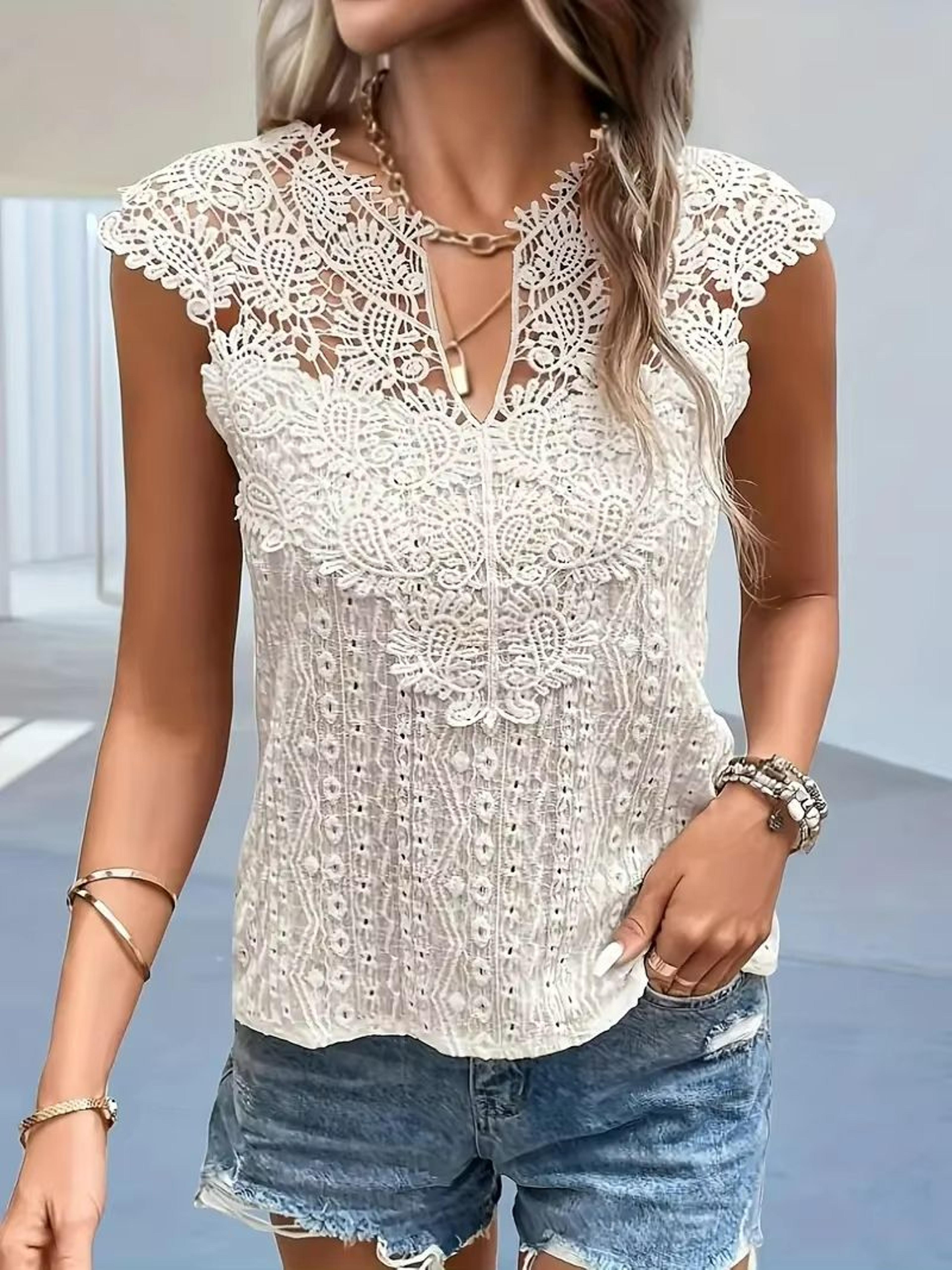 elegant lace patchwork v-neck sleeveless top – women's summer casual chic blouse